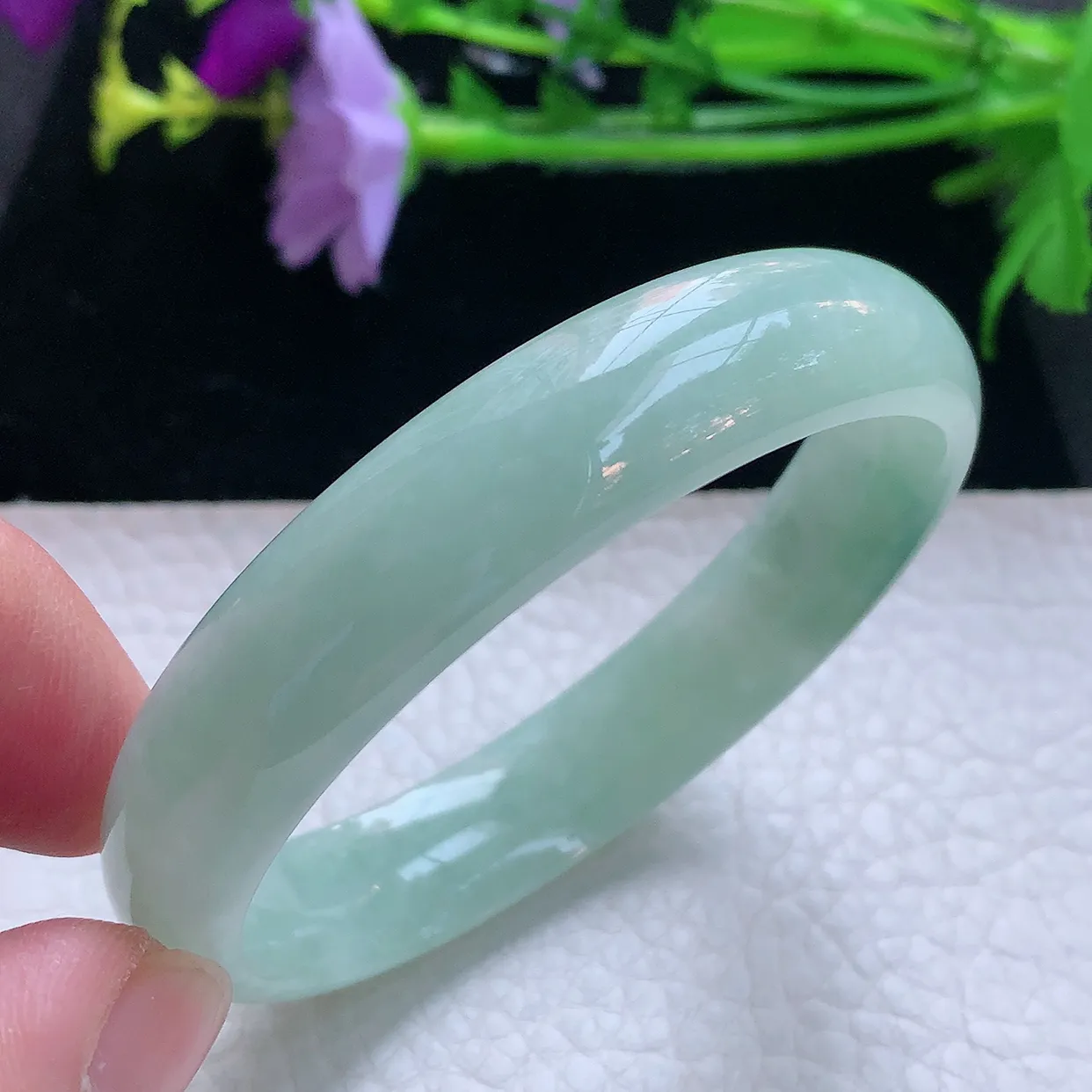js实拍56.5*12.6*6.6平安镯 天然缅甸翡翠玉手镯清新飘绿宽边玉手环