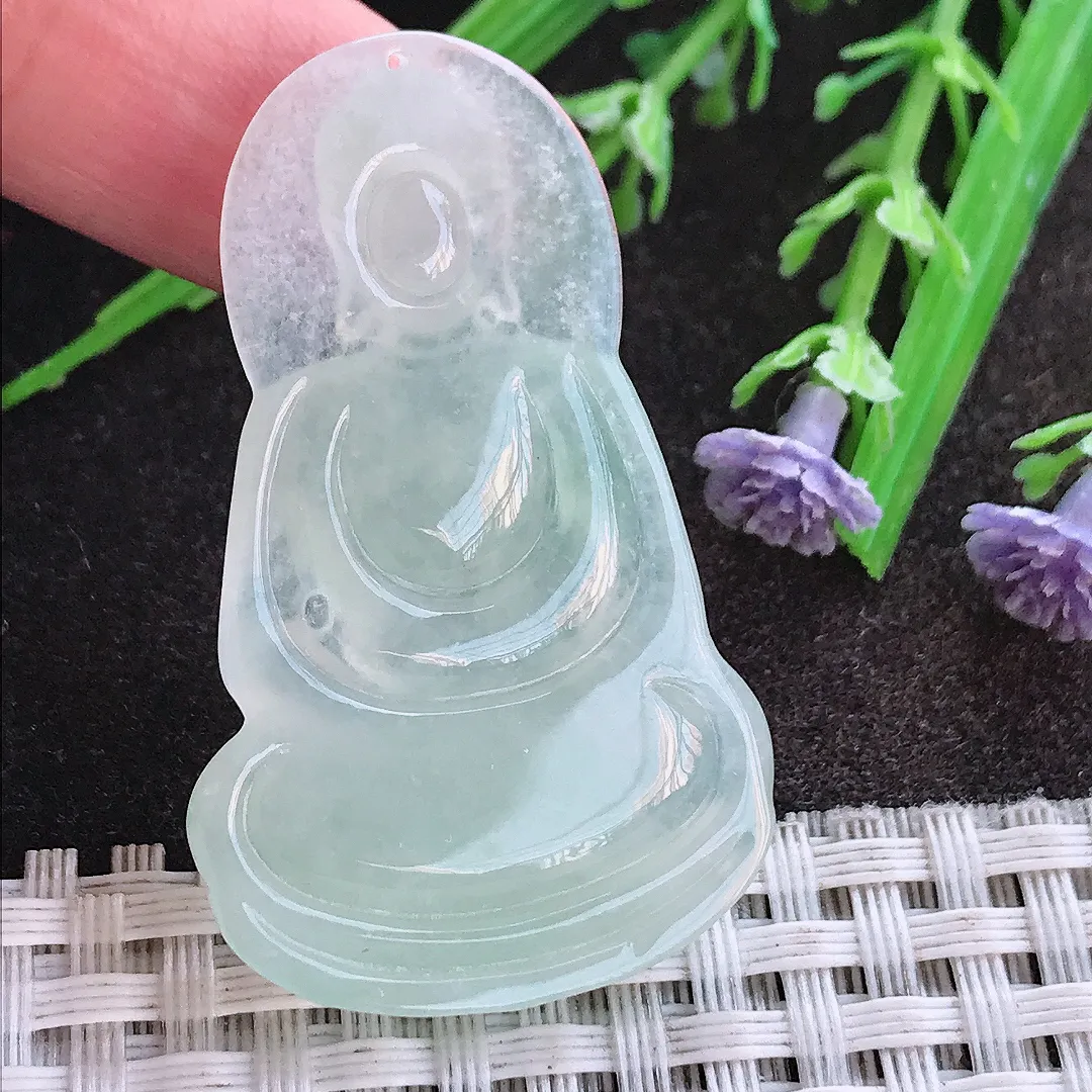 实拍A货翡翠45/28/5.3老坑冰润起胶冰晴如来佛祖吊坠翡翠挂件