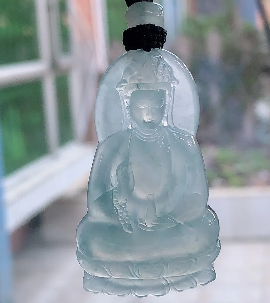 yl实拍55*31*6缅甸翡翠冰蓝持瓶观音玉吊坠，吉祥项坠