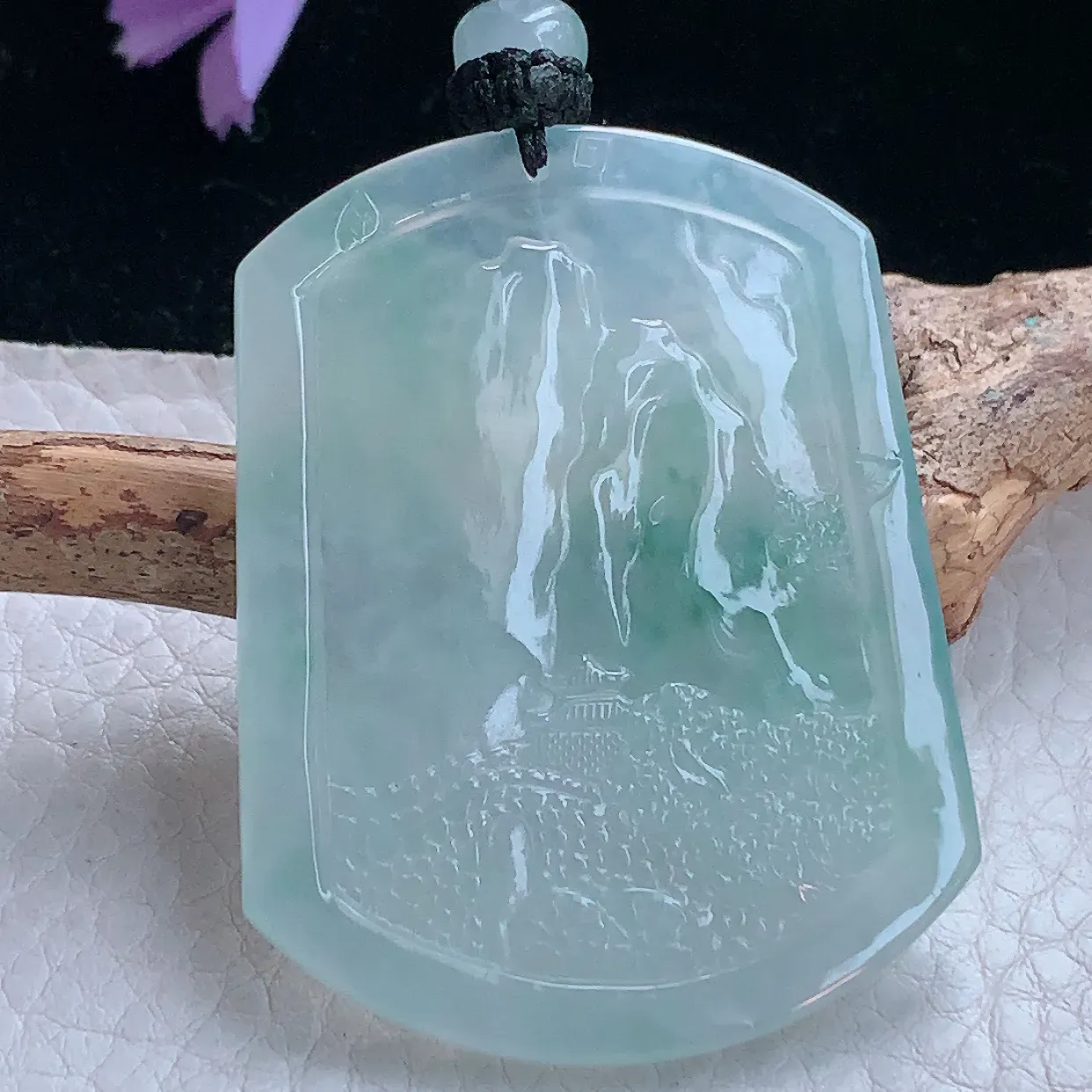 yl实拍52.640*4.5缅甸翡翠冰飘花山水 大好河山玉吊坠 玉挂件