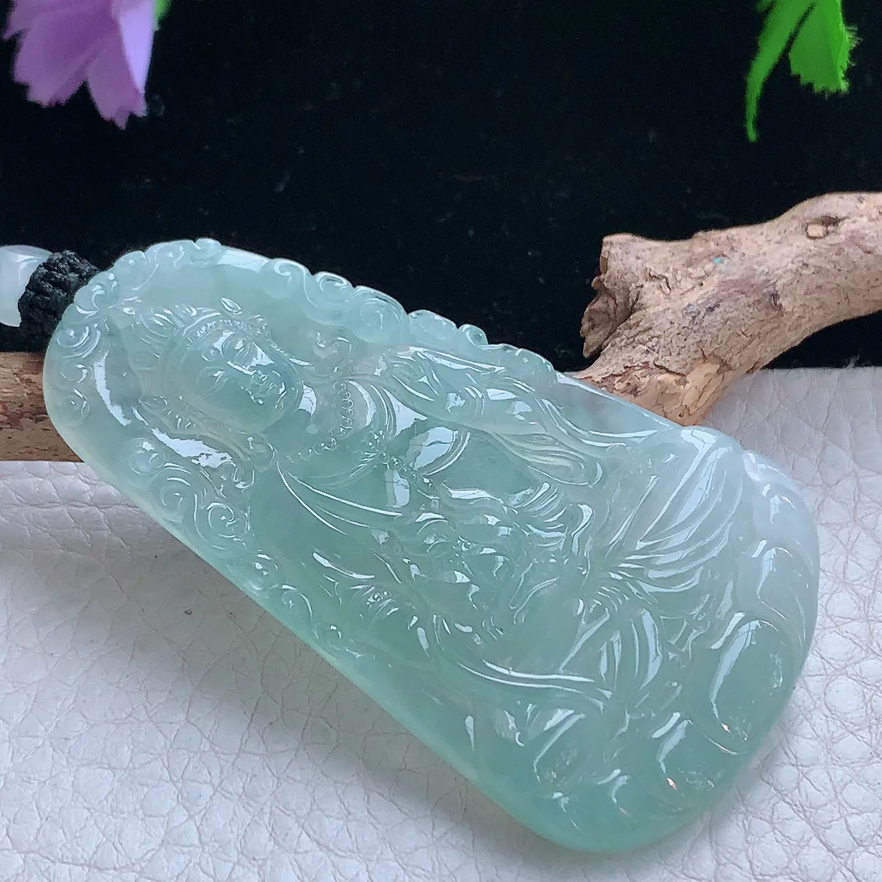 yl实拍67.5*38.5*5.8缅甸翡翠冰蓝度母观音玉吊坠 玉挂件