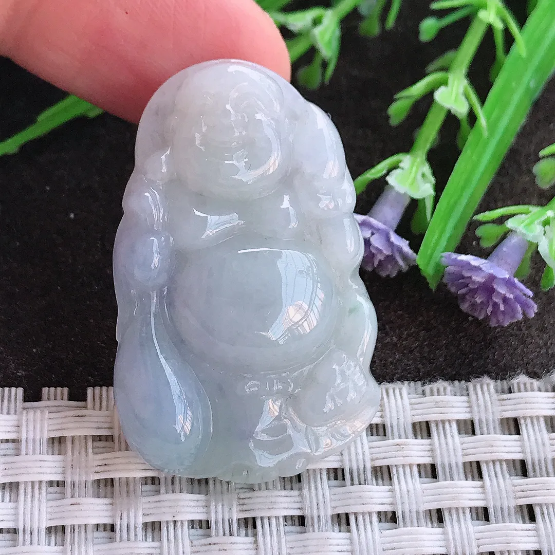 实拍A货翡翠37.8/24/6.9老坑秀气温润紫罗兰布袋佛吊坠翡翠佛公挂件