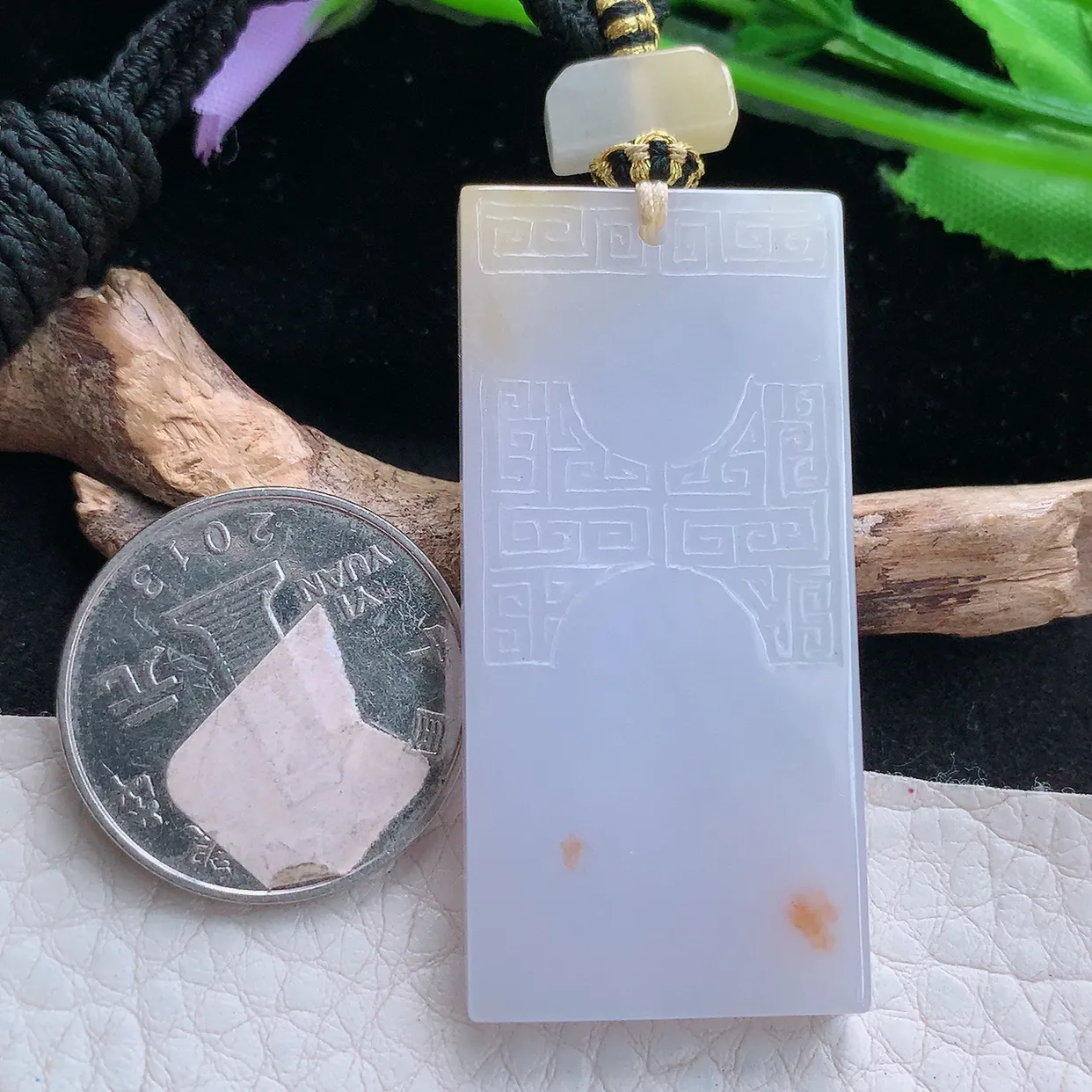 yl实拍49*23.5*5.5缅甸翡翠精雕冰紫飘花怀古雕素面牌 无事牌玉项坠 玉挂件