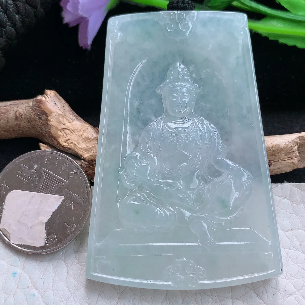 yl实拍65.6*44.5*5.8缅甸翡翠精雕冰晴自在观音 玉观音玉项坠 玉挂件