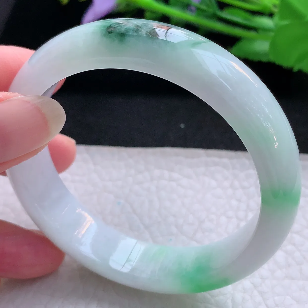 hh实拍56*14.2*7.8平安镯 天然缅甸翡翠玉手镯冰飘绿花胶感宽边玉手环