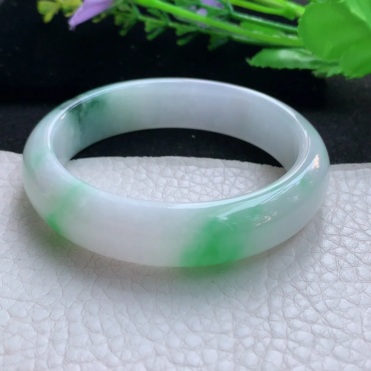 hh实拍56*14.2*7.8平安镯 天然缅甸翡翠玉手镯冰飘绿花胶感宽边玉手环