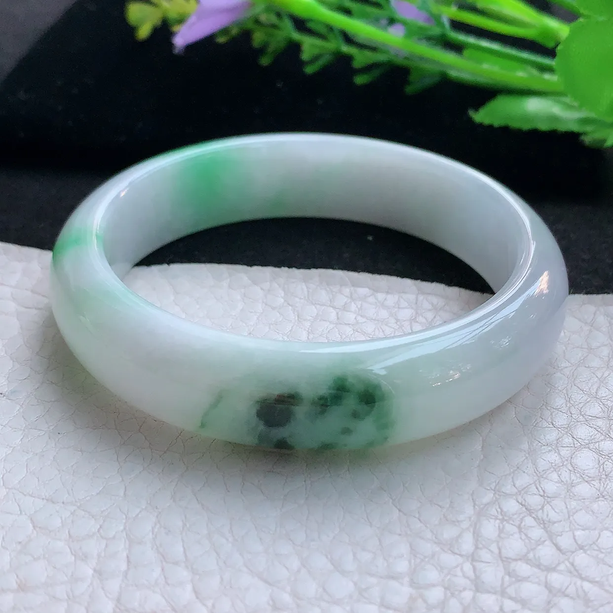 hh实拍56*14.2*7.8平安镯 天然缅甸翡翠玉手镯冰飘绿花胶感宽边玉手环