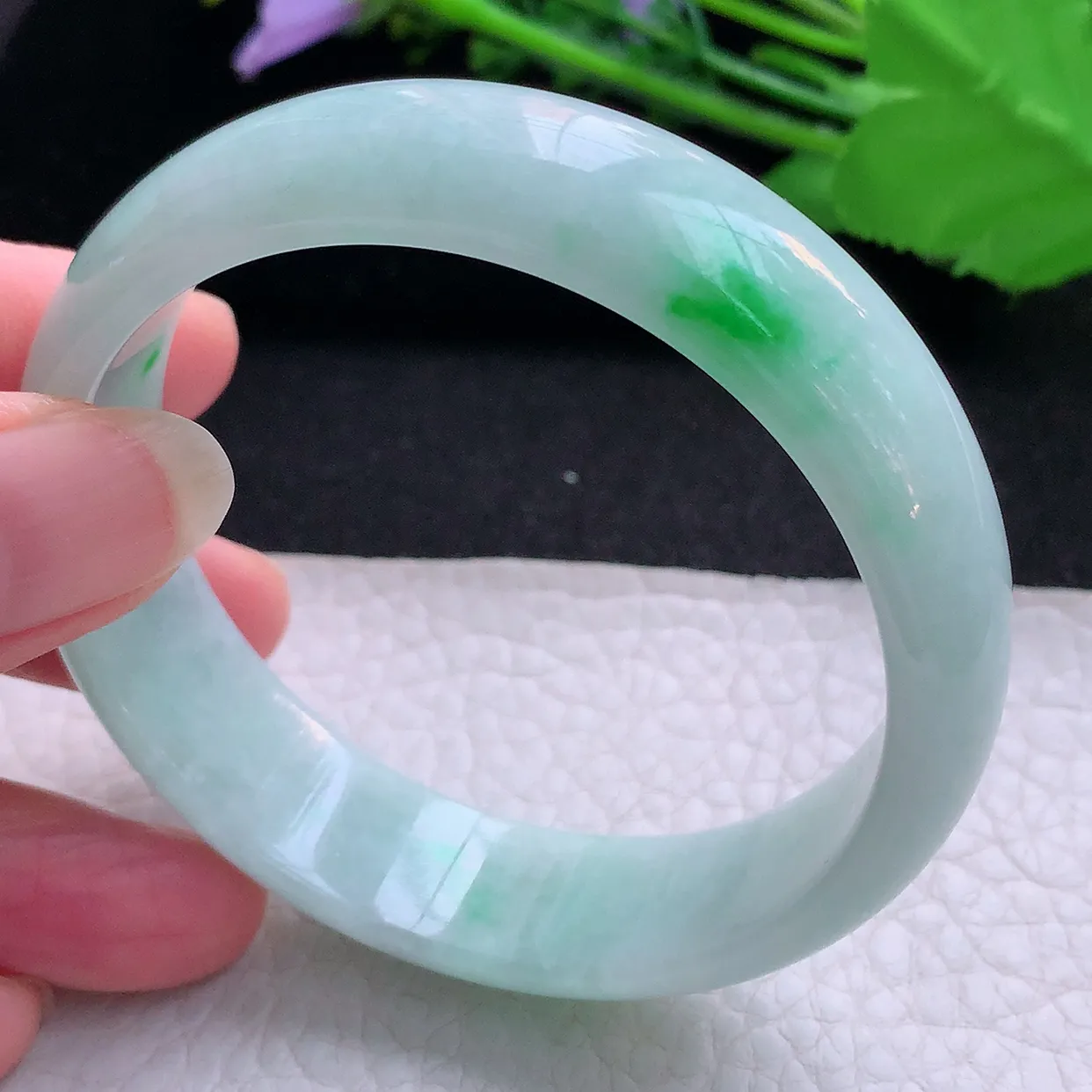 nr实拍56.5*15.5*6.5轮胎镯 天然缅甸翡翠玉手镯白底青清秀宽边玉手环