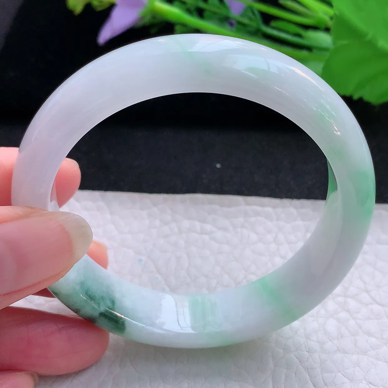 hh实拍56*14.2*7.8平安镯 天然缅甸翡翠玉手镯冰飘绿花胶感宽边玉手环