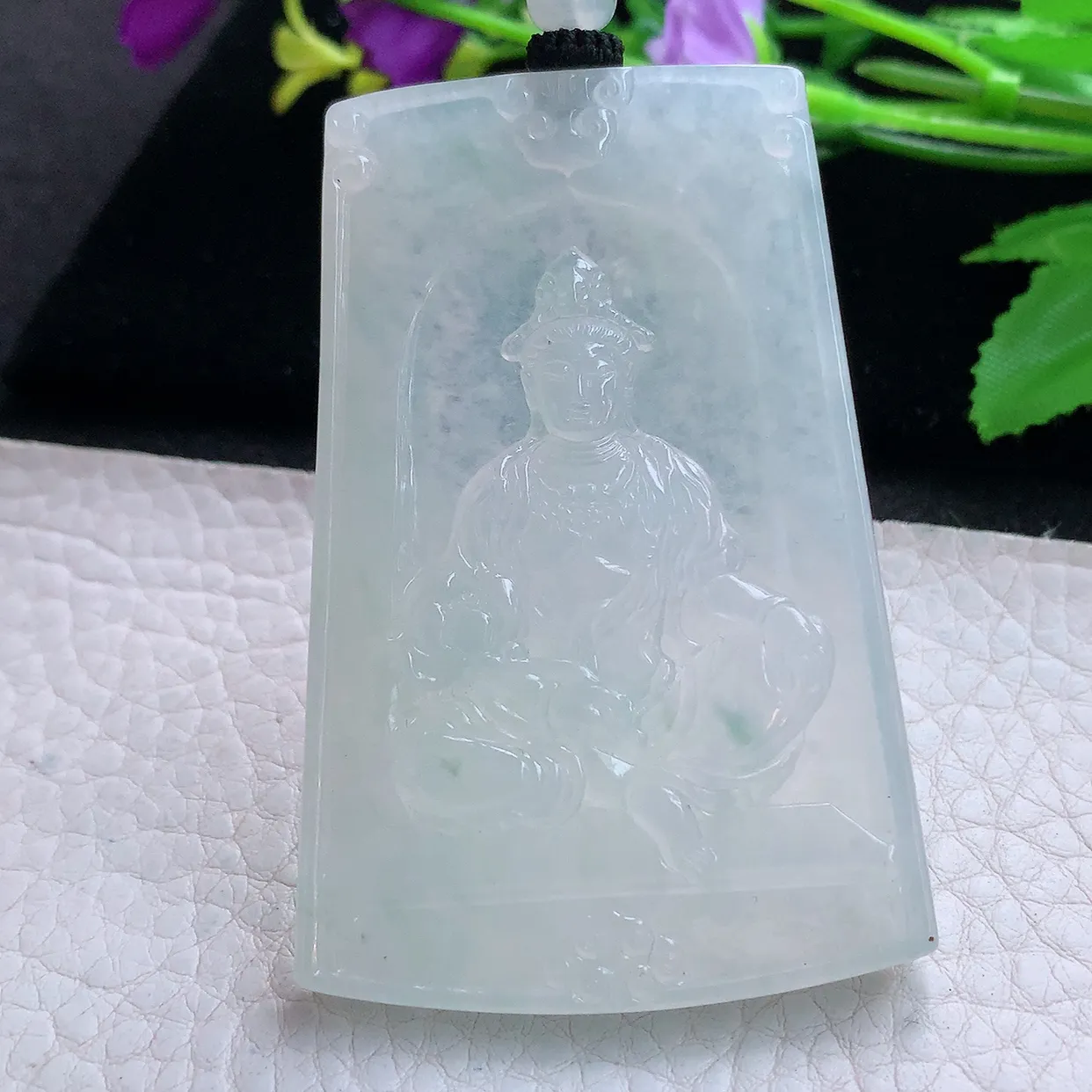 yl实拍65.6*44.5*5.8缅甸翡翠精雕冰晴自在观音 玉观音玉项坠 玉挂件