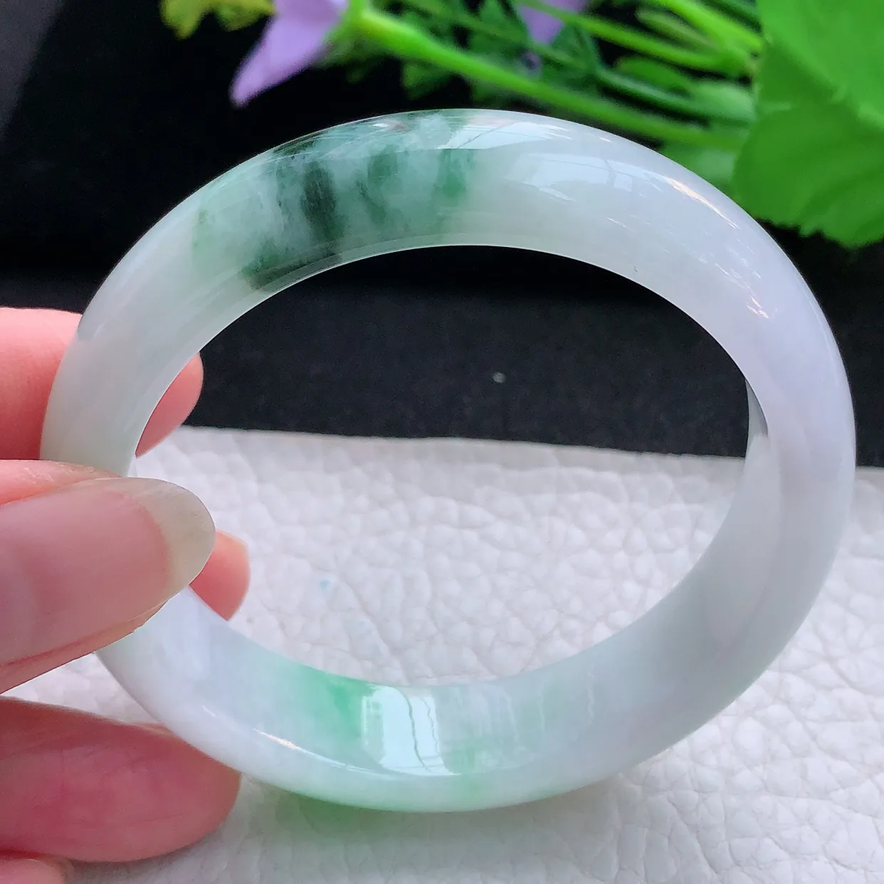 hh实拍56*14.2*7.8平安镯 天然缅甸翡翠玉手镯冰飘绿花胶感宽边玉手环