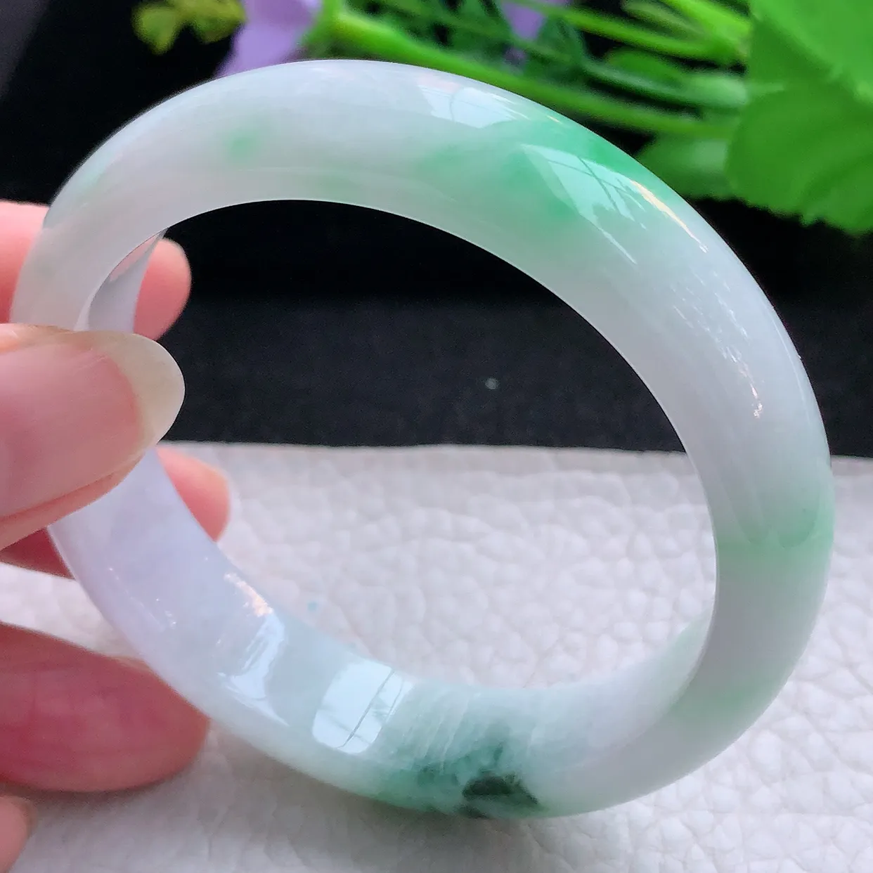 hh实拍56*14.2*7.8平安镯 天然缅甸翡翠玉手镯冰飘绿花胶感宽边玉手环