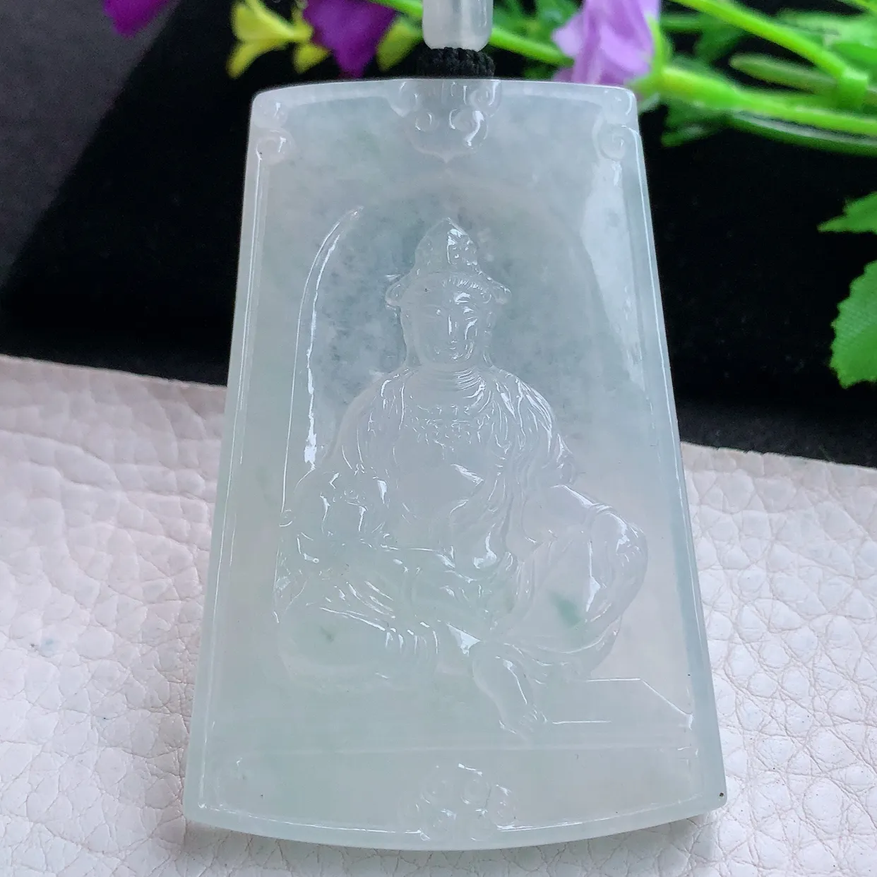 yl实拍65.6*44.5*5.8缅甸翡翠精雕冰晴自在观音 玉观音玉项坠 玉挂件