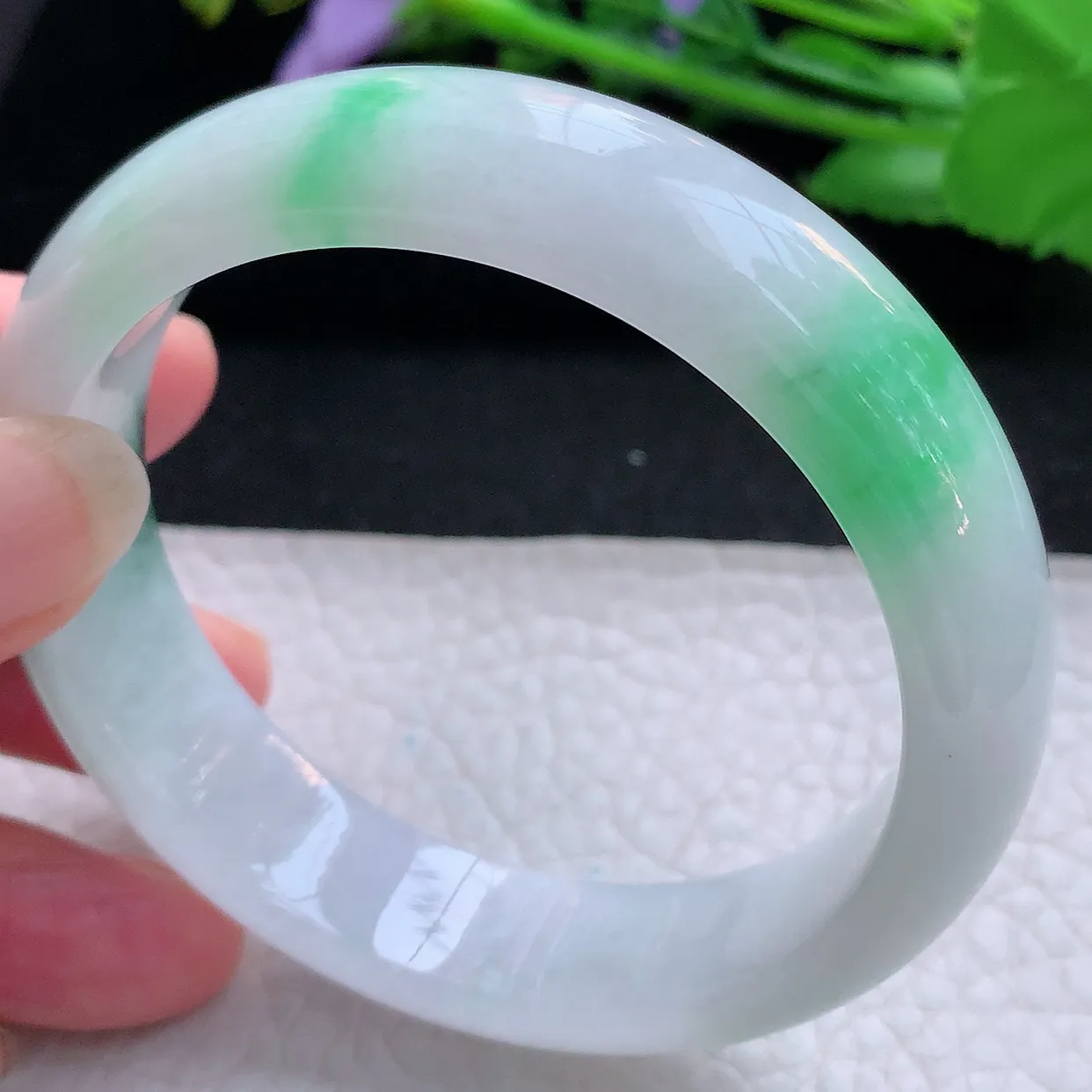 hh实拍56*14.2*7.8平安镯 天然缅甸翡翠玉手镯冰飘绿花胶感宽边玉手环