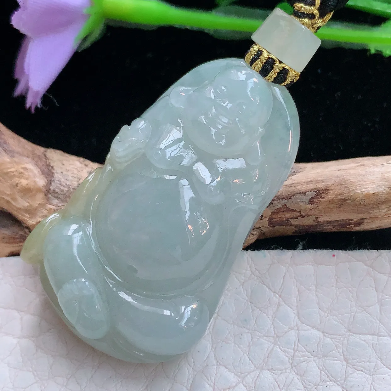 yl实拍42*25.6*10.8缅甸翡翠精雕冰胶逍遥佛 弥勒佛玉项坠 玉挂件