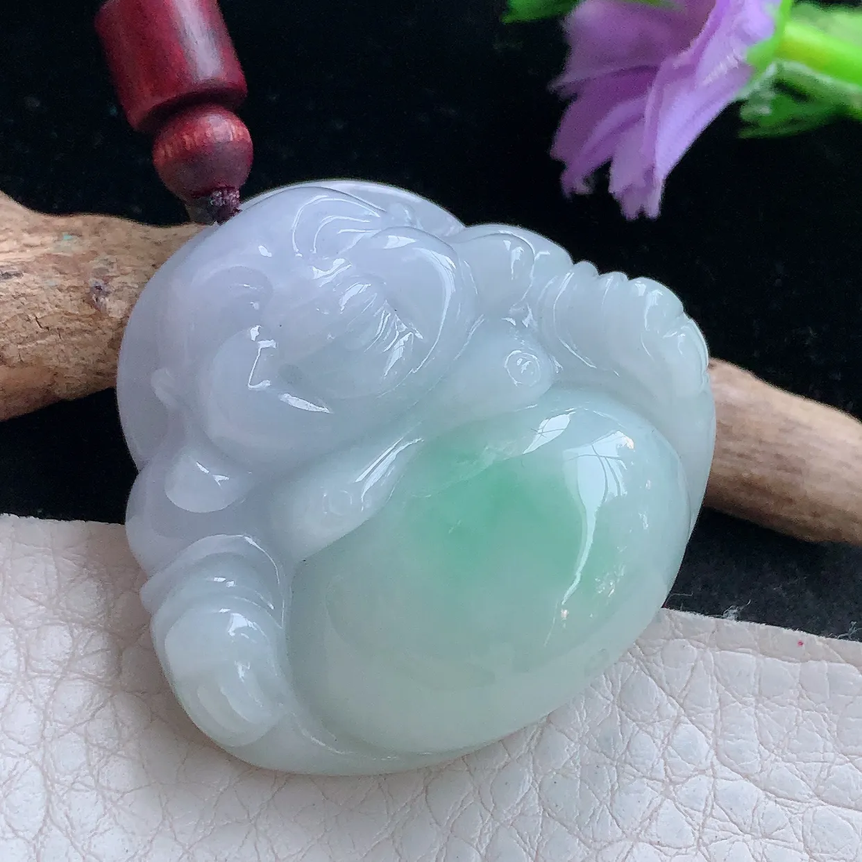 zen实拍38.2*40.3*12.8天然缅甸翡翠飘绿淡紫佛公吊坠 大肚弥勒佛像