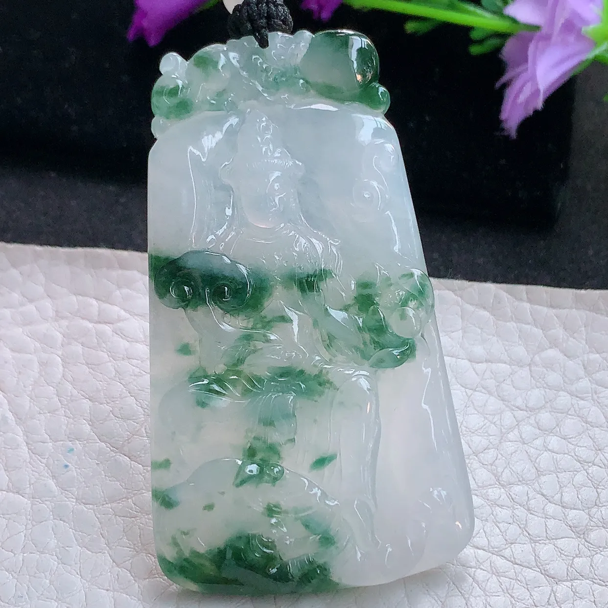 yl实拍63.5*36*5.2缅甸翡翠精雕冰飘花普贤观音菩萨吊坠 生肖守护神