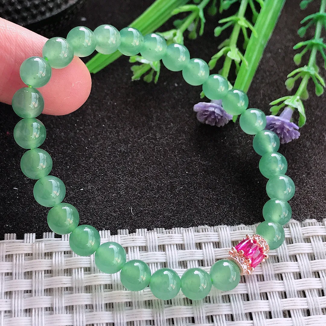 实拍A货翡翠6.5/27颗老坑冰种起胶冰晴满绿圆珠手链项链手串女款