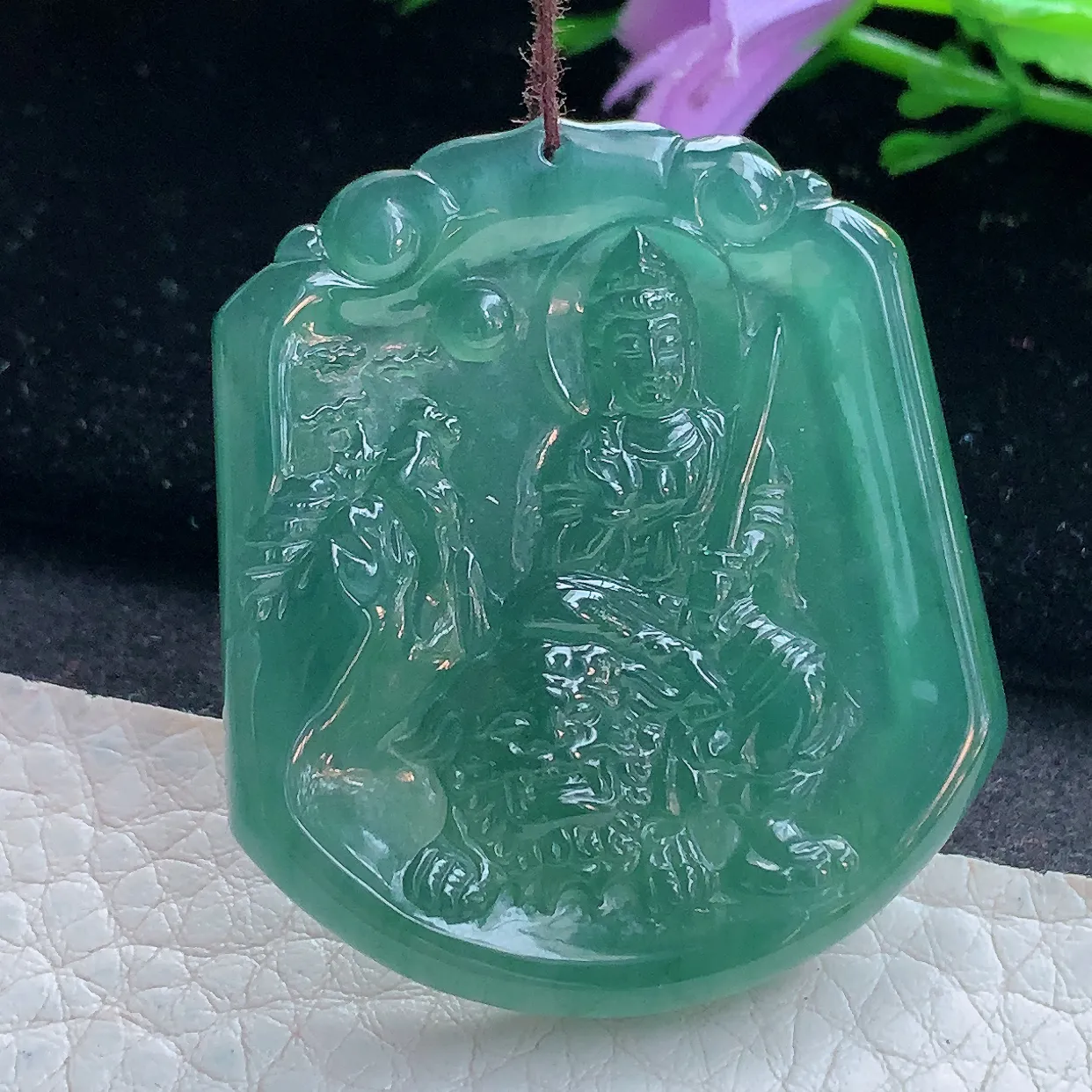 Ktj实拍41.2*36.2*5天然翡翠精雕蓝水文殊观音菩萨吊坠 生肖守护神