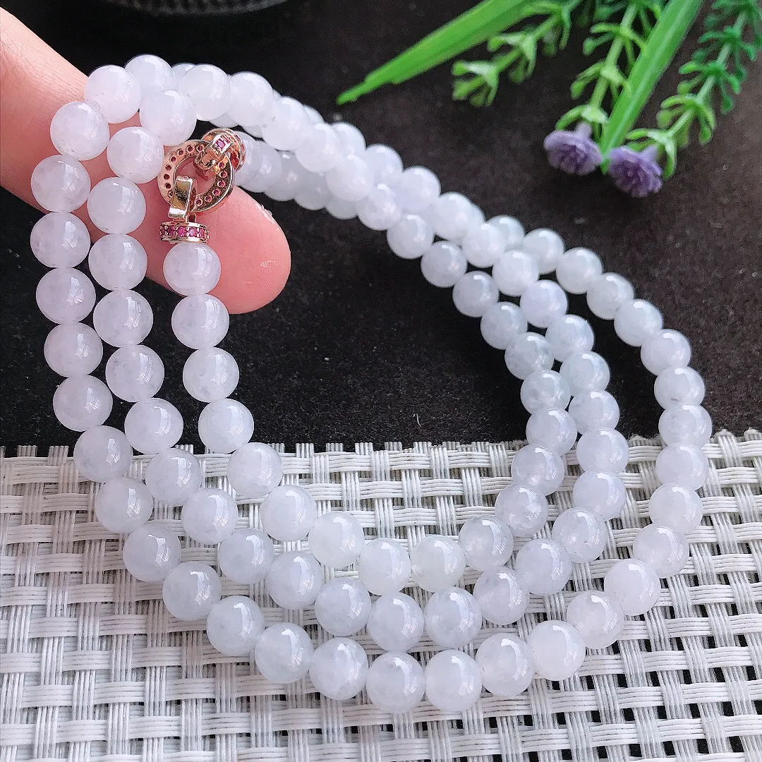 实拍A货翡翠7/98颗老坑秀气冰润月光白圆珠项链玉珠链女款