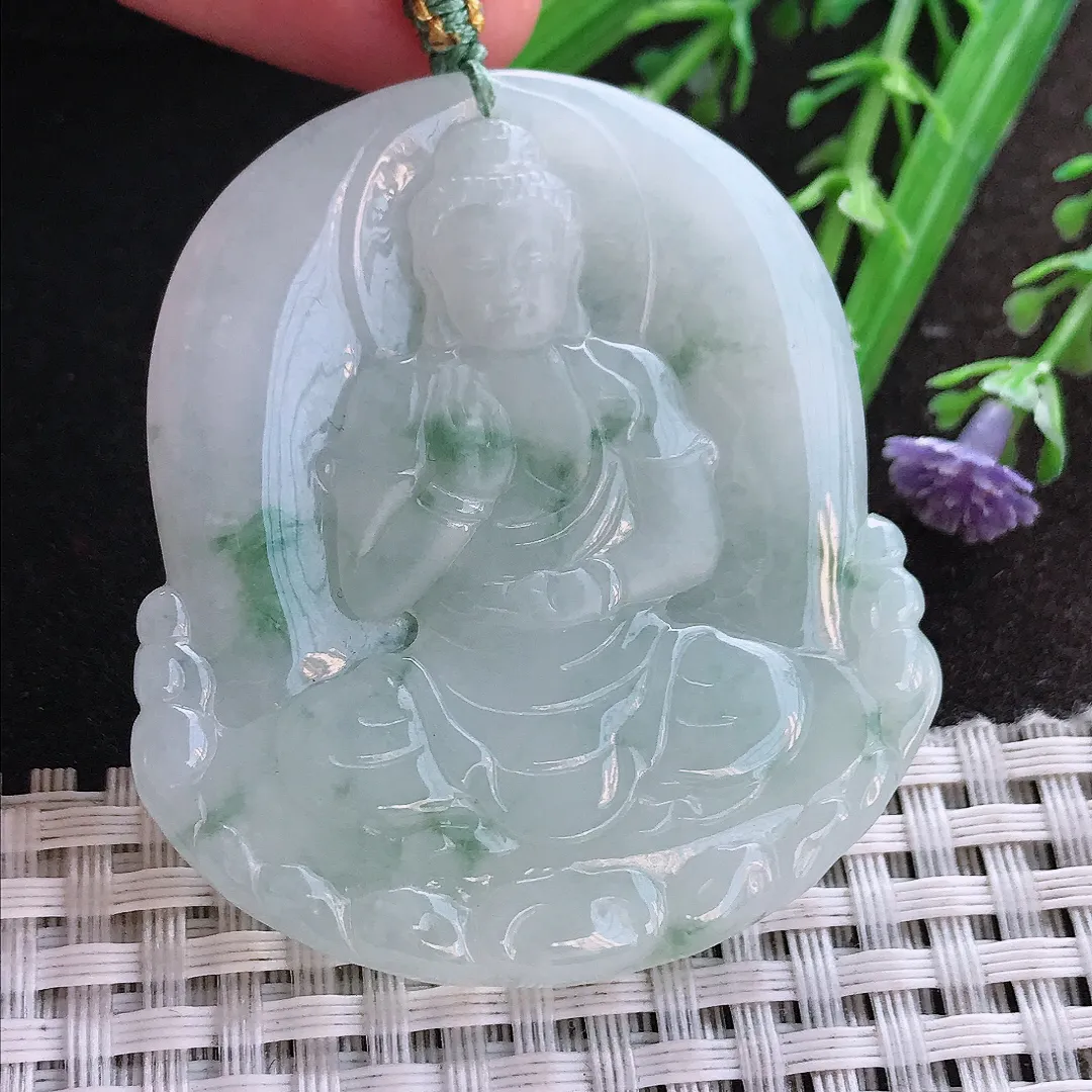 实拍A货翡翠51.6/46.3/5.8老坑冰润起胶飘花阿弥陀佛吊坠翡翠挂件