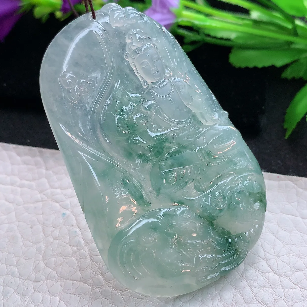 Ktj实拍70.5*46.5*5.8缅甸翡翠精雕冰飘花普贤观音菩萨吊坠 生肖守护神