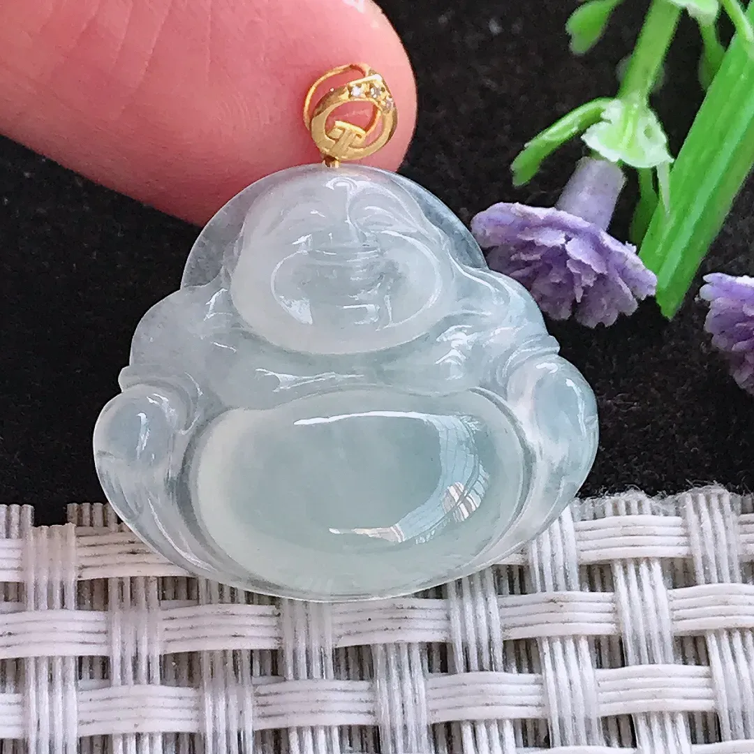 实拍A货翡翠24/29/6.3老坑18k金镶嵌白冰种佛公吊坠翡翠挂件