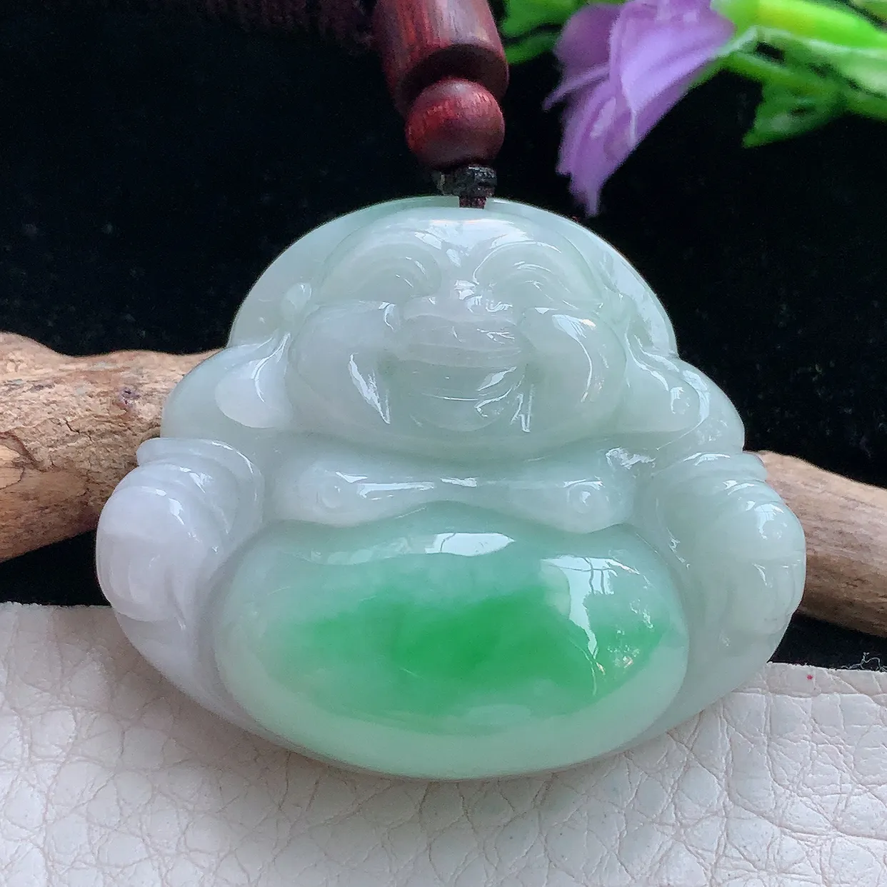 zen实拍37.5*44*11.8天然缅甸翡翠白底青飘阳绿佛公吊坠 大肚弥勒佛像