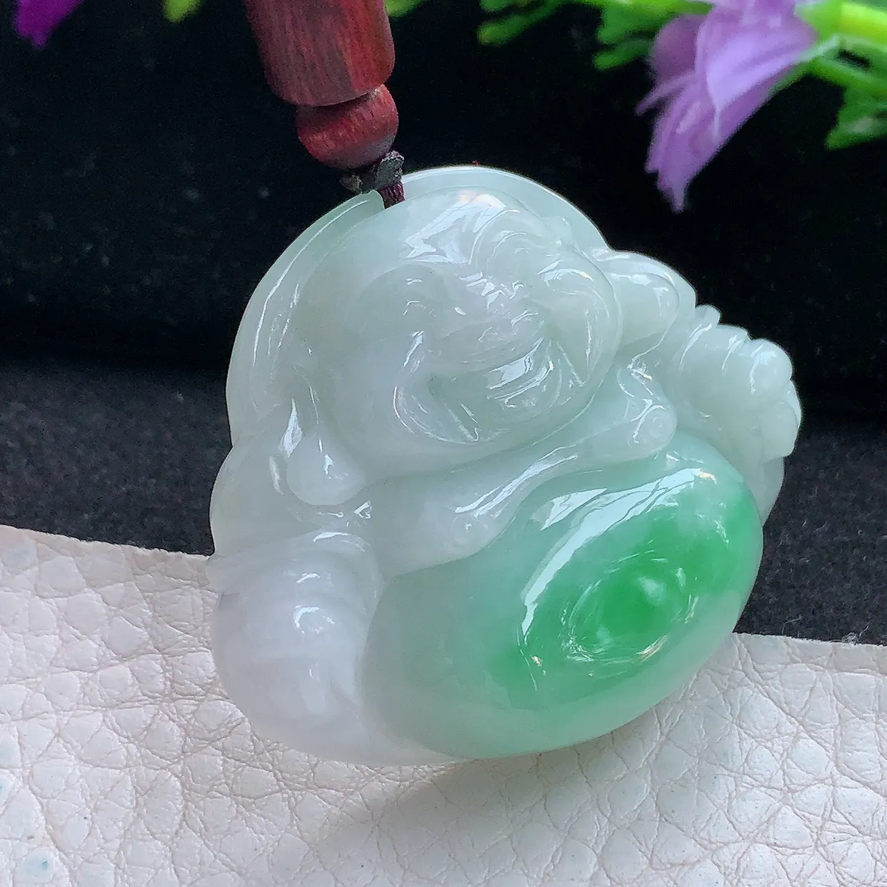 zen实拍37.5*44*11.8天然缅甸翡翠白底青飘阳绿佛公吊坠 大肚弥勒佛像