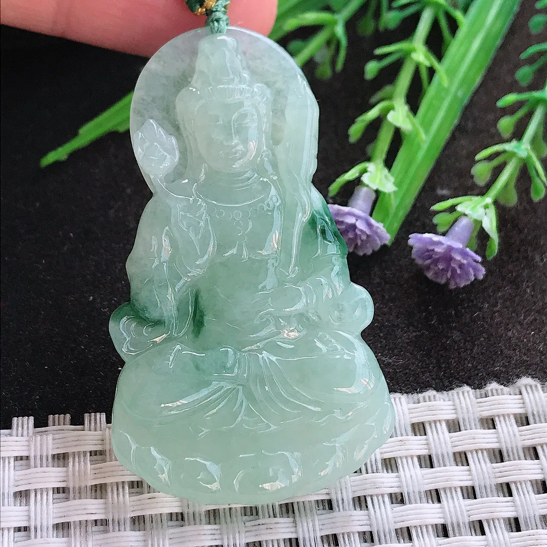 实拍A货翡翠53.8/31.3/5.6老坑冰胶水灵冰晴飘花虚空藏菩萨吊坠翡翠挂件