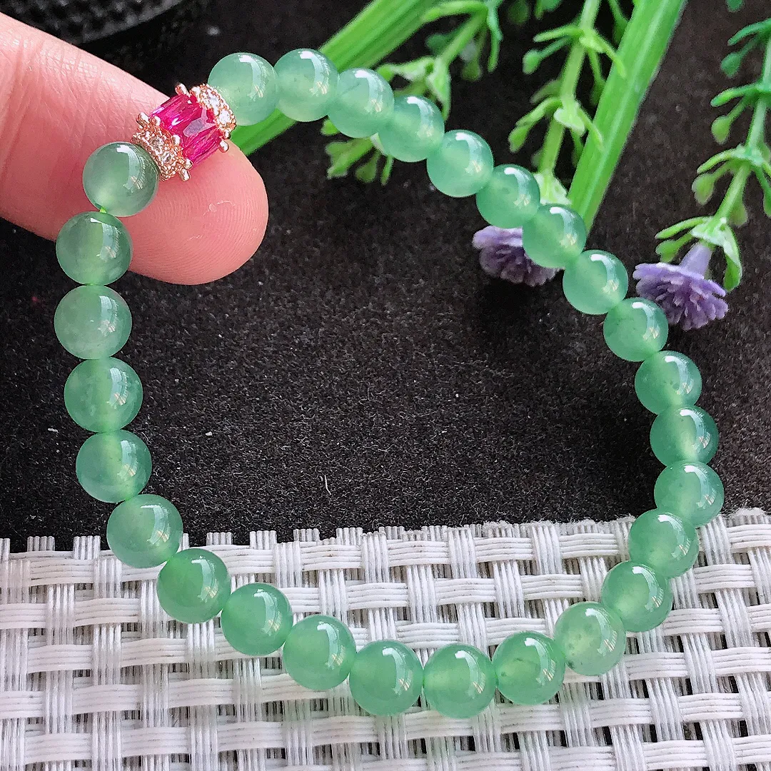 实拍A货翡翠6.5/27颗老坑冰种起胶冰晴满绿圆珠手链项链手串女款