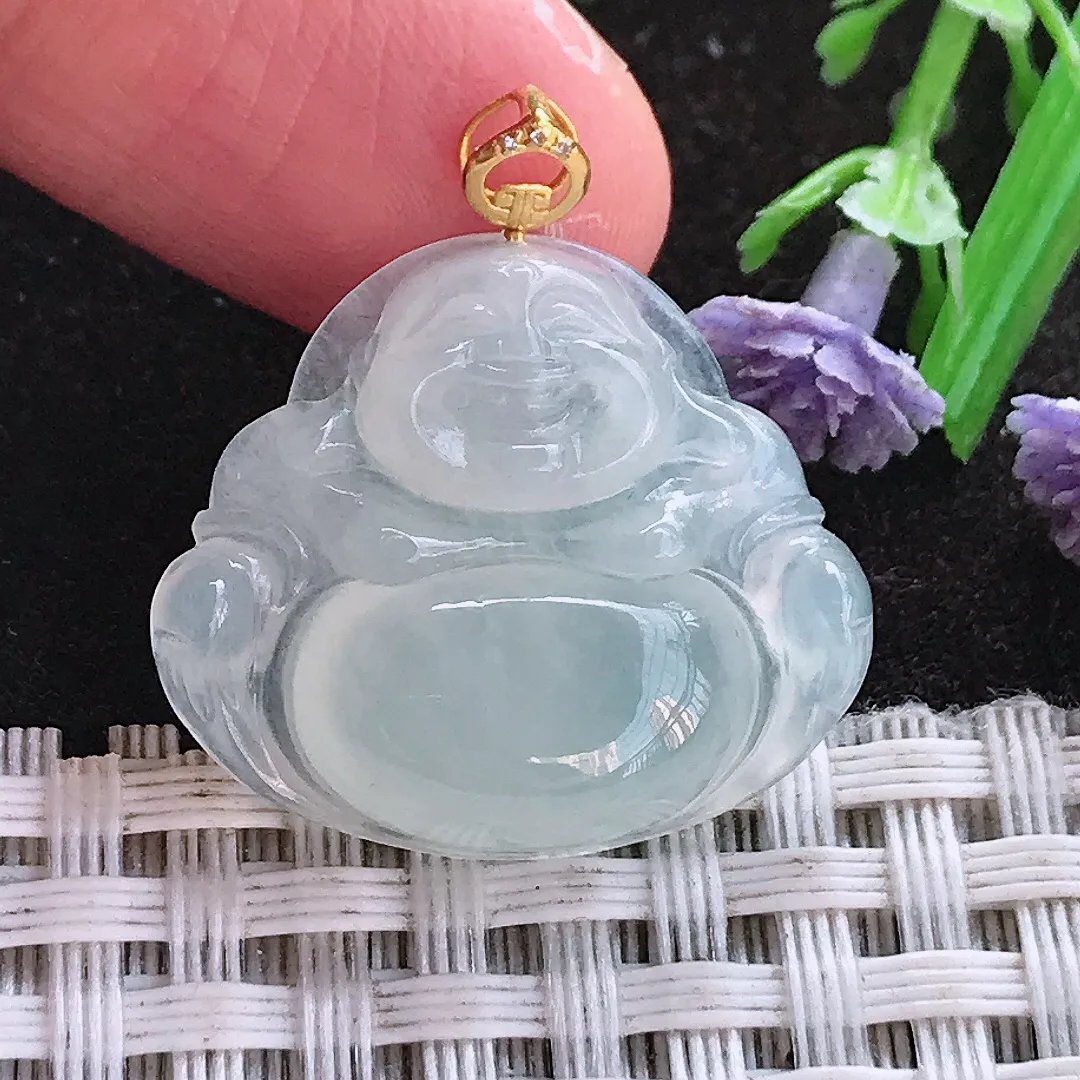 实拍A货翡翠24/29/6.3老坑18k金镶嵌白冰种佛公吊坠翡翠挂件