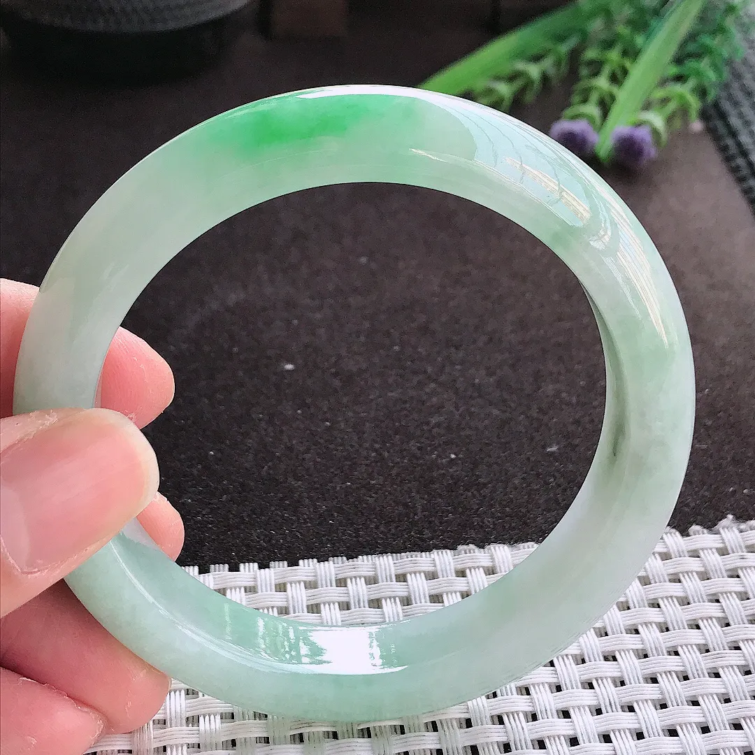 实拍翡翠A货59.5/12.9/9老坑冰润起胶飘阳绿手镯翡翠玉镯女款百搭