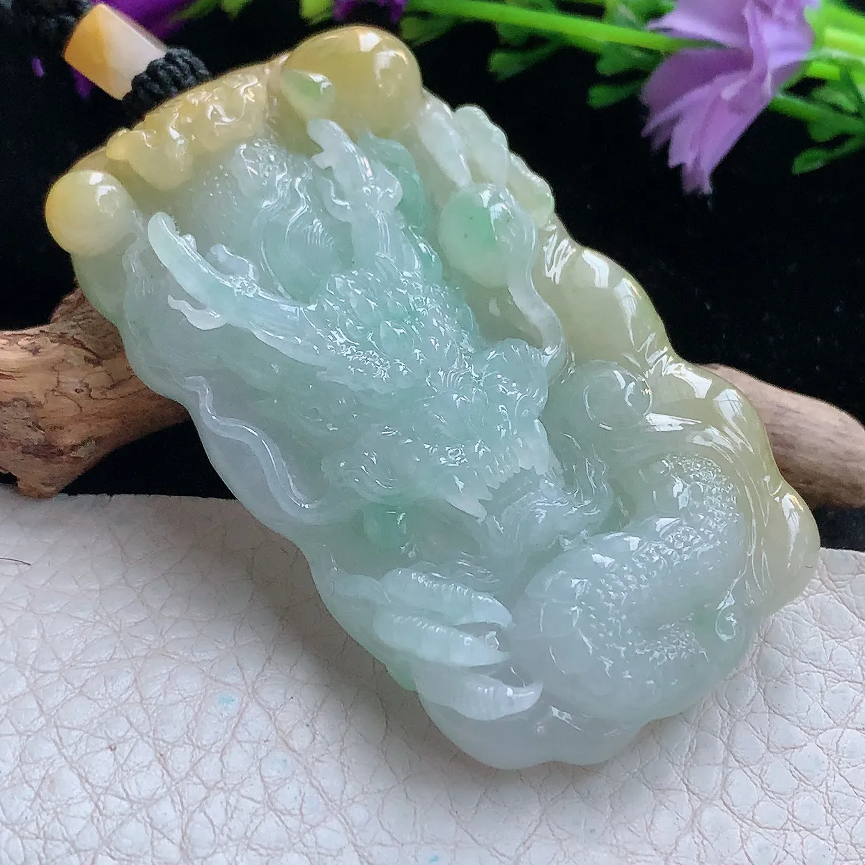 yl实拍66.6*38*11.6缅甸翡翠精雕黄加绿龙牌项坠 厚装霸气神龙降瑞