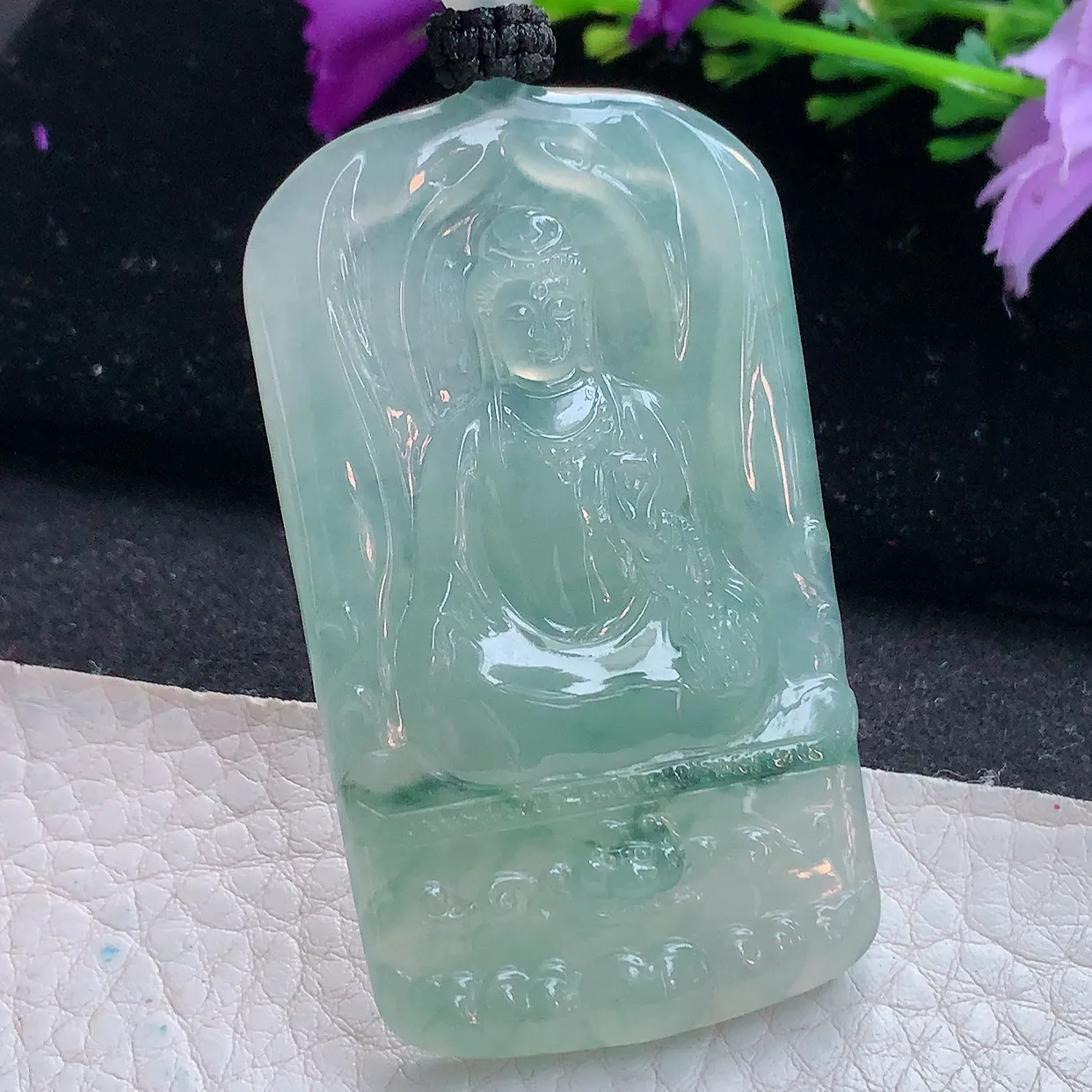 yl实拍57.5*33.3*5.6缅甸翡翠精雕冰飘花坐莲观音菩萨吊坠 普渡众生