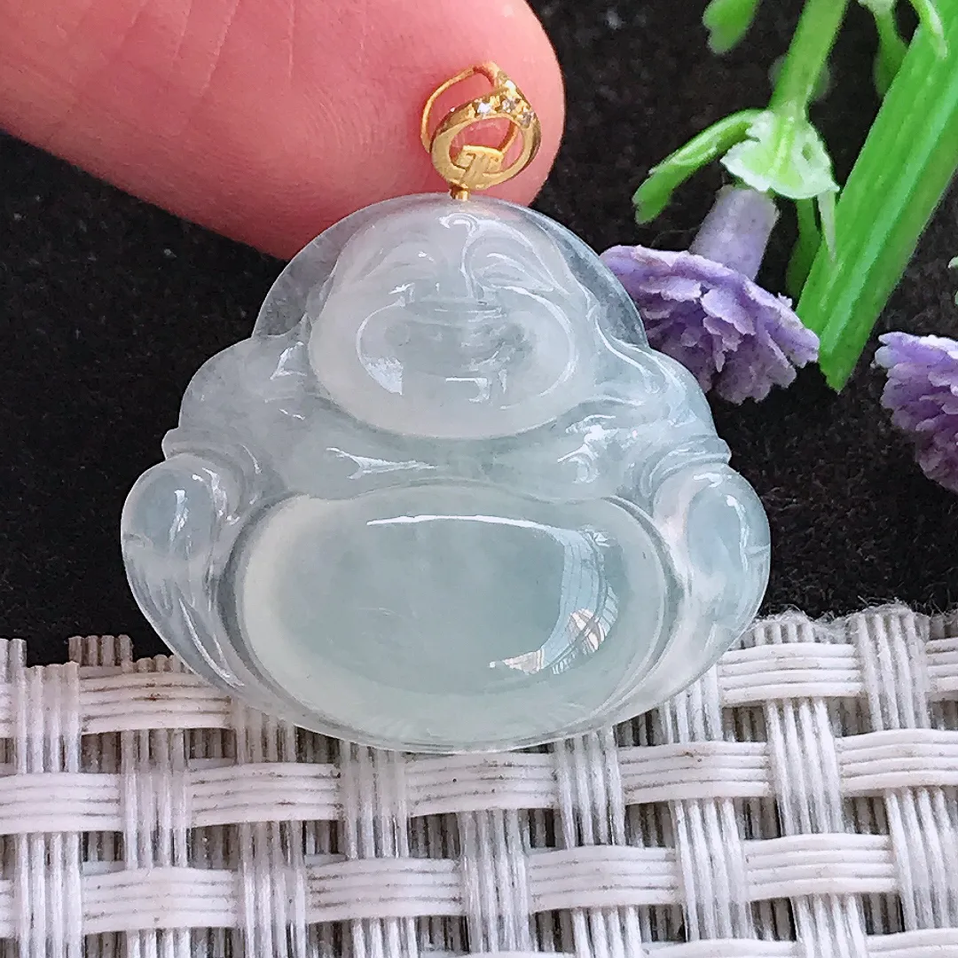 实拍A货翡翠24/29/6.3老坑18k金镶嵌白冰种佛公吊坠翡翠挂件