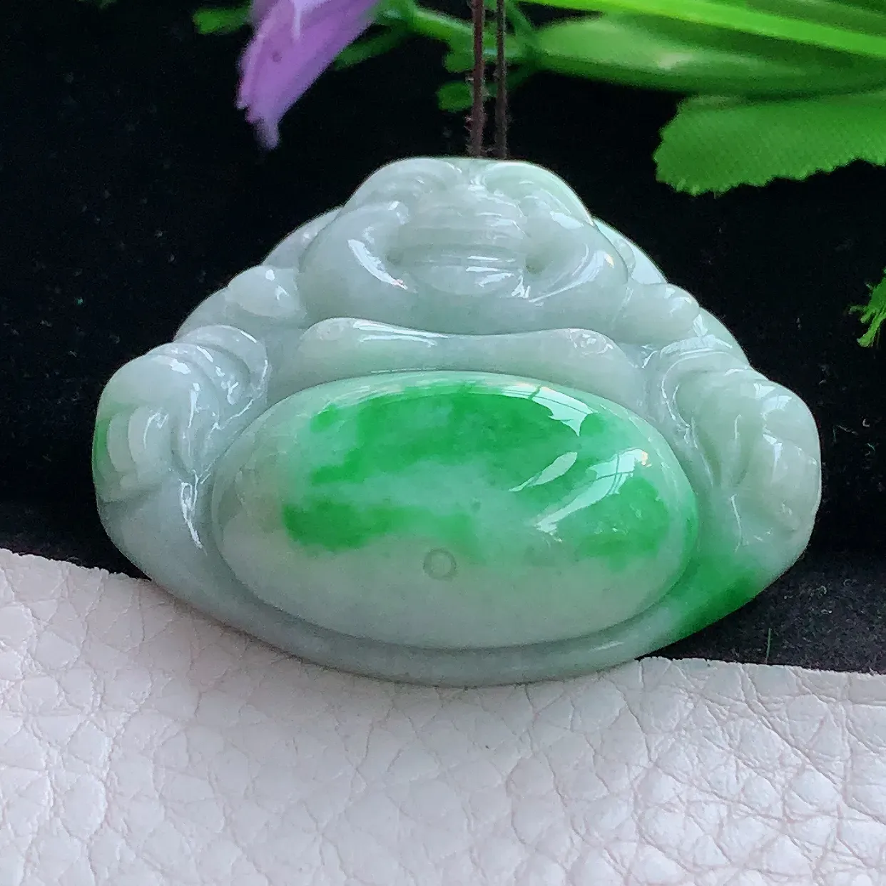 zen实拍41.2*46*12.5天然缅甸翡翠白底青飘阳绿佛公吊坠 大肚弥勒佛像