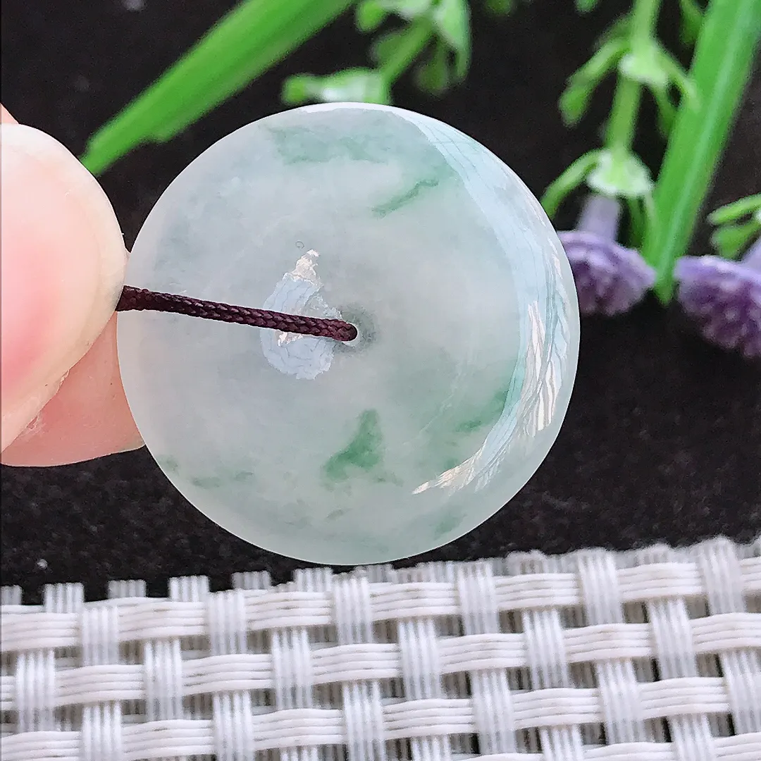 实拍A货翡翠24.7/4.1老坑冰胶水灵飘花小平安扣吊坠翡翠玉扣