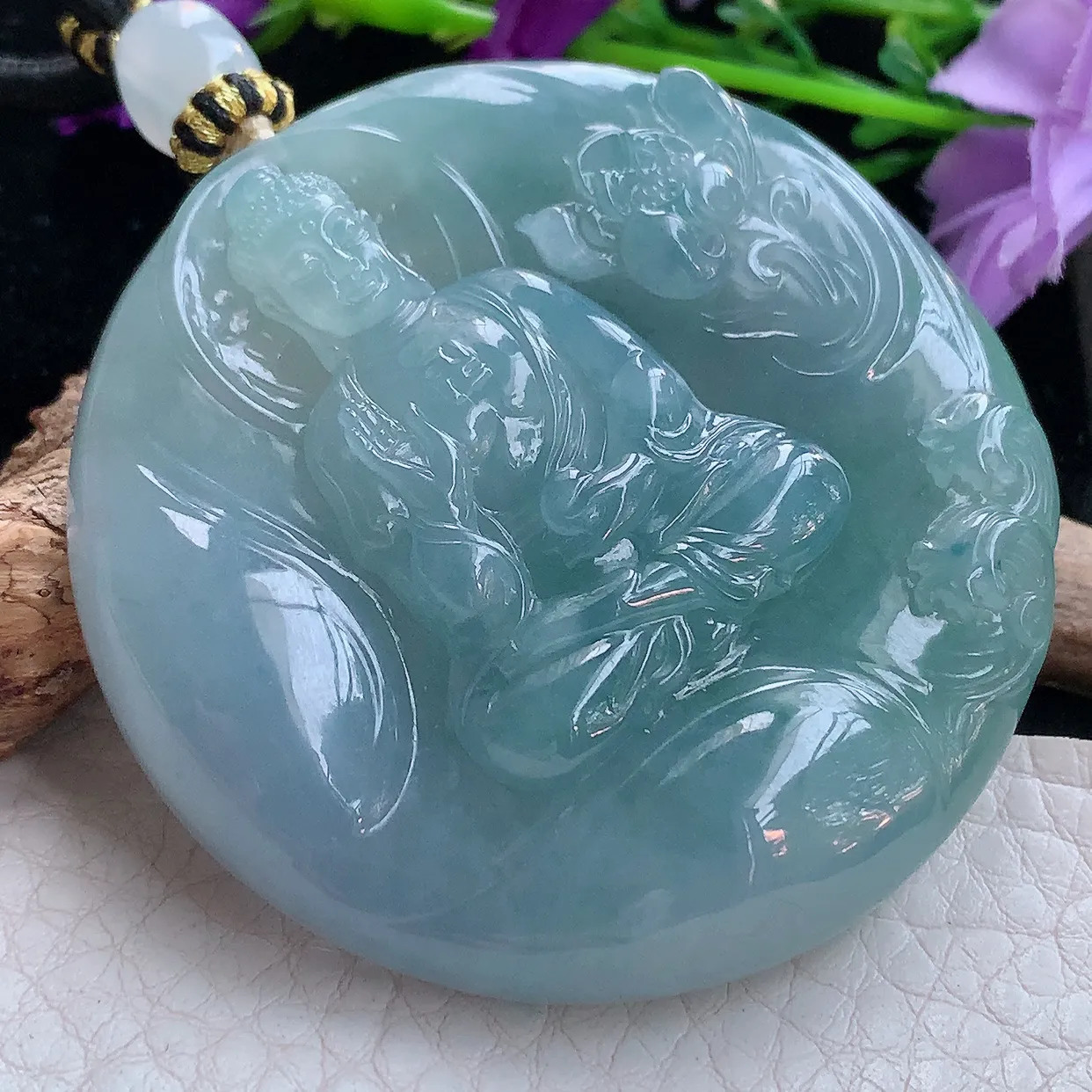 yl实拍52.6*9.3缅甸翡翠精雕蓝紫阿弥陀佛吊坠 如来佛祖生肖守护神，花开见佛