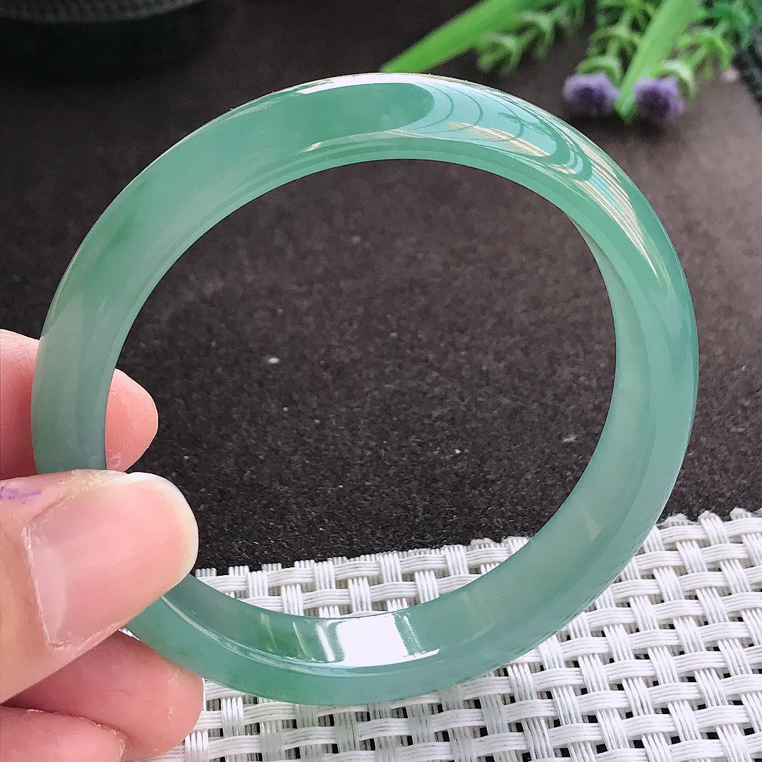 实拍翡翠A货57/11.7/7.2老坑冰胶果冻满色天空蓝手镯翡翠玉镯女款百搭