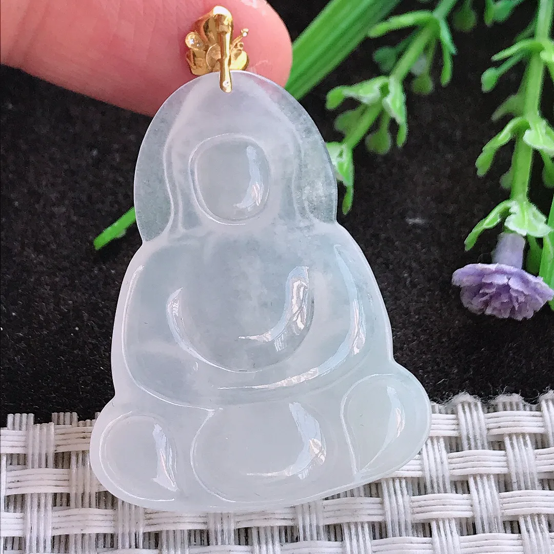 实拍A货翡翠40/31.6/4.6老坑18k金镶嵌冰胶月光白素衣观音吊坠翡翠挂件