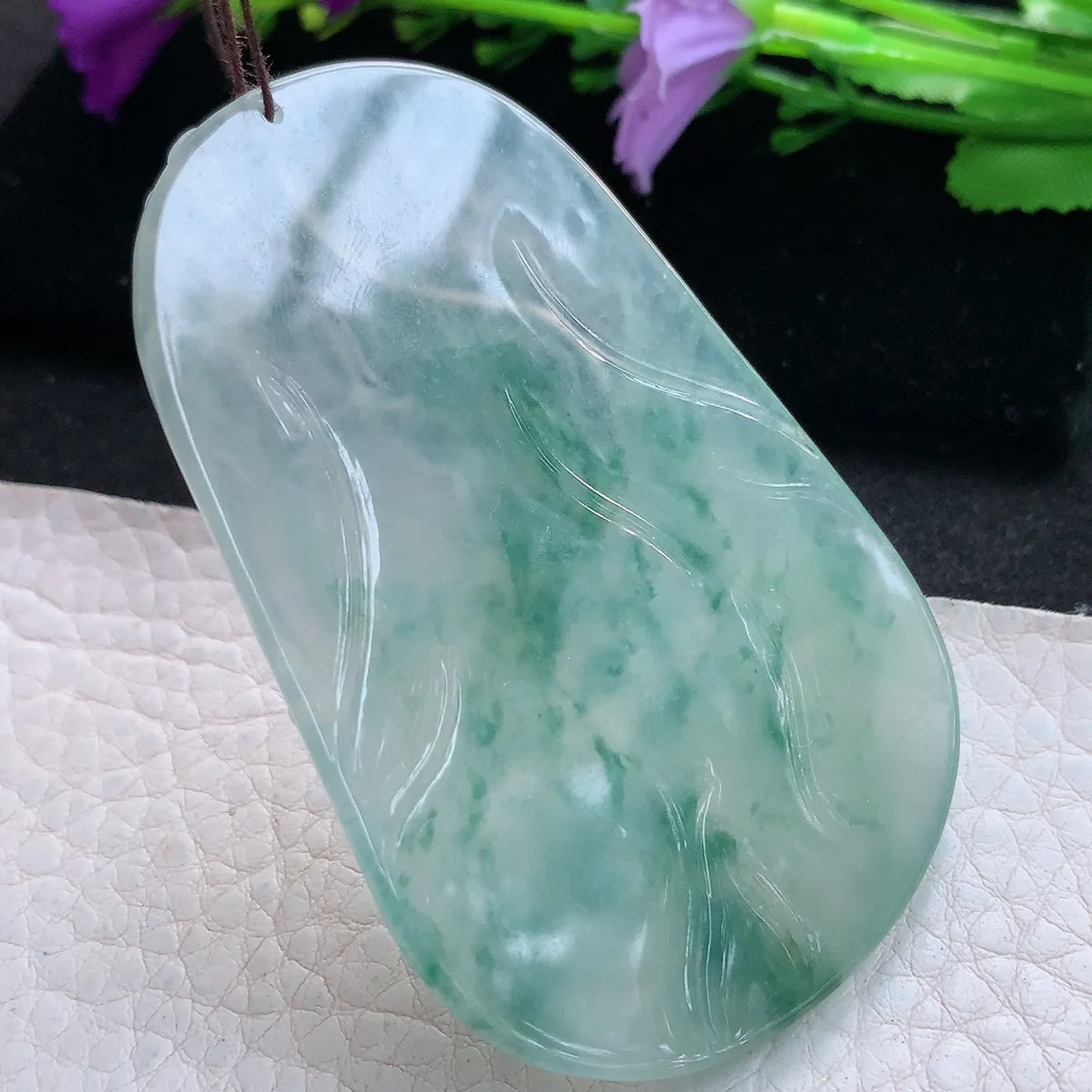 Ktj实拍70.5*46.5*5.8缅甸翡翠精雕冰飘花普贤观音菩萨吊坠 生肖守护神