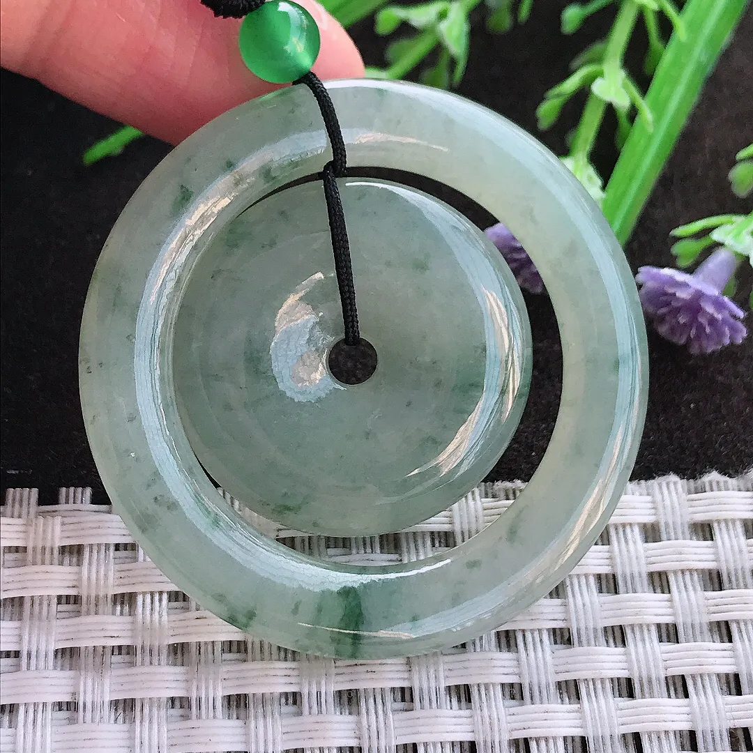 实拍A货翡翠43.7/4.8老坑冰润起胶飘花母子扣吊坠翡翠平安扣挂件