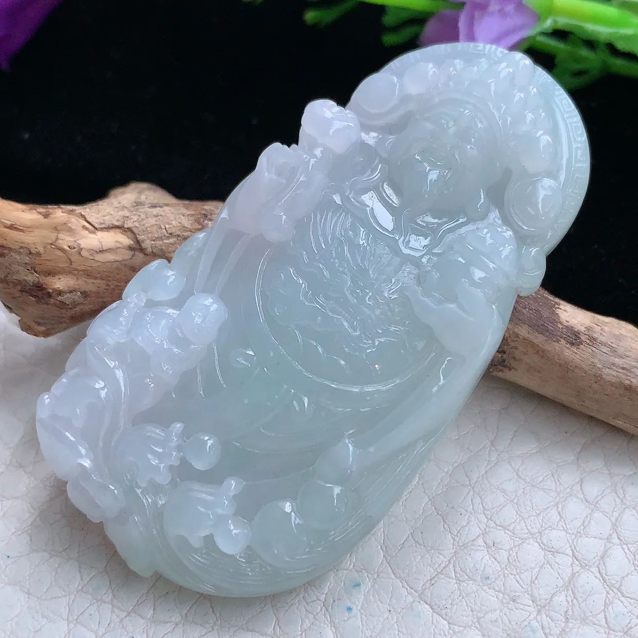 Ktj实拍63.2*33.5*9.2天然缅甸翡翠精雕财神爷吊坠 招财进宝