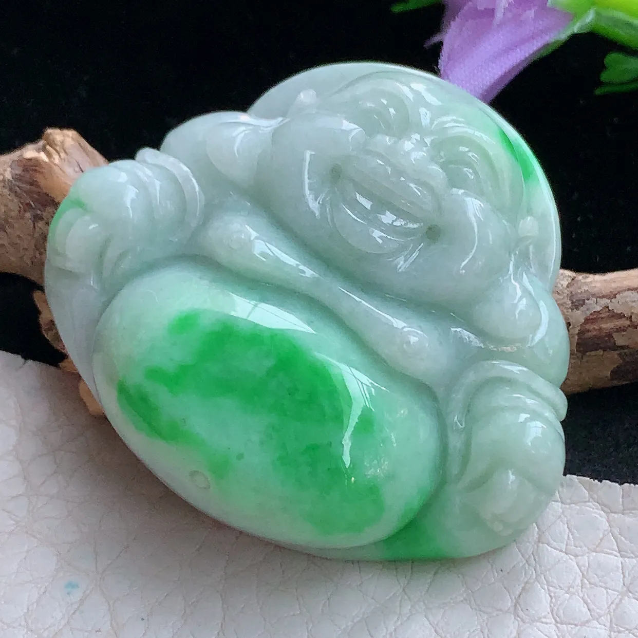 zen实拍41.2*46*12.5天然缅甸翡翠白底青飘阳绿佛公吊坠 大肚弥勒佛像