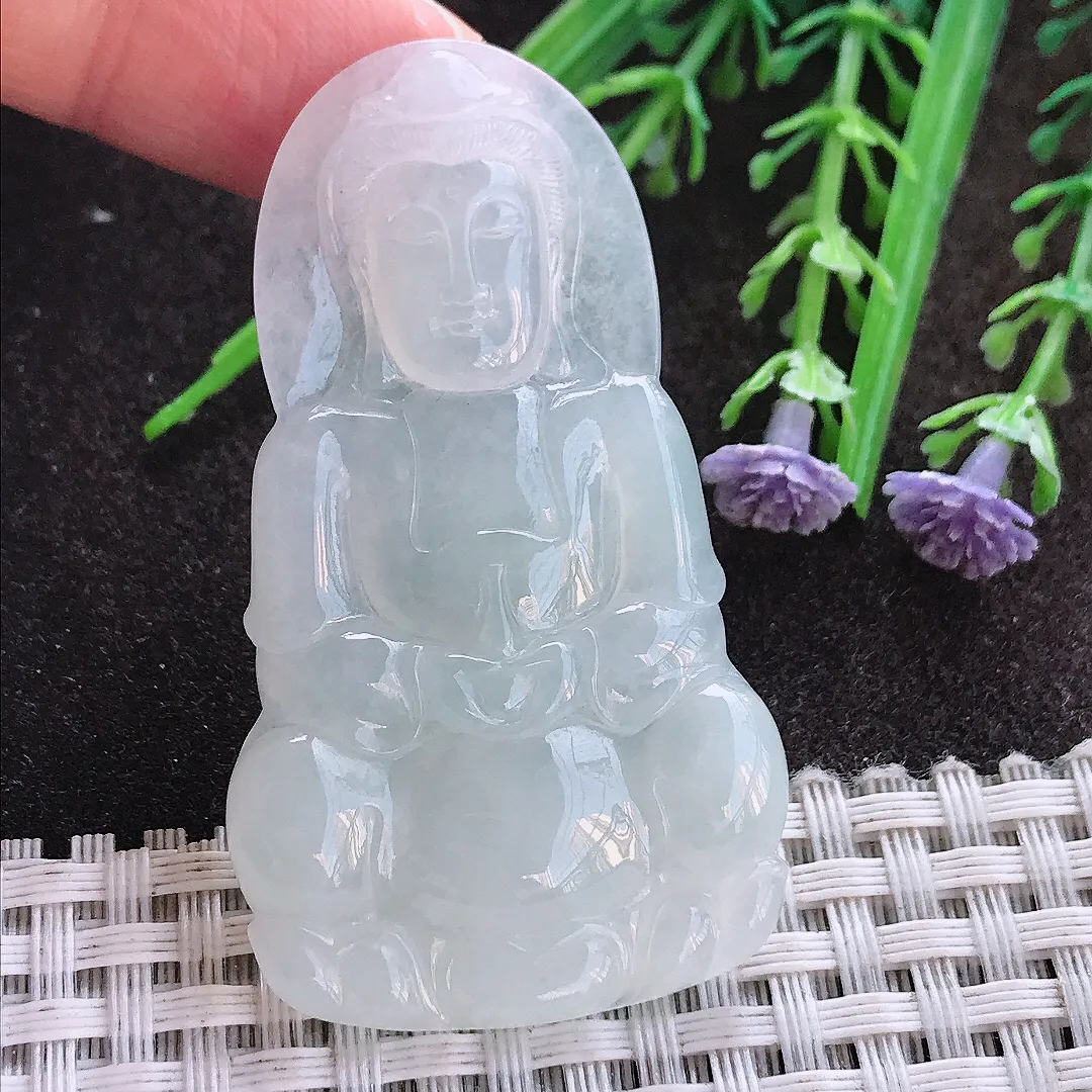 实拍A货翡翠56/31.8/4.8老坑冰润起胶月光白正装观音吊坠翡翠挂件