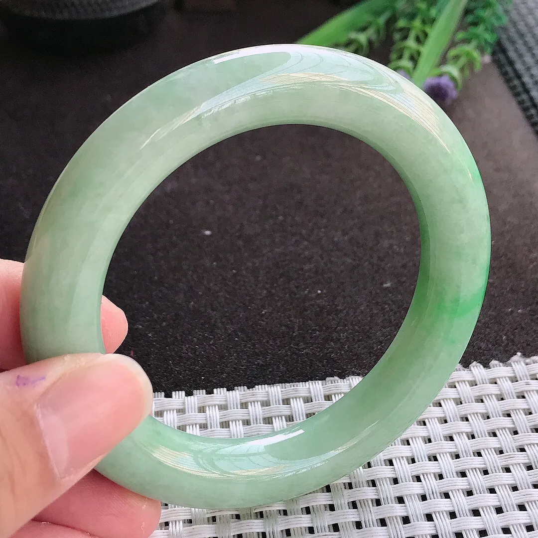 实拍翡翠A货56/11.3/11.5老坑精美温润满绿阳绿圆条手镯翡翠玉镯女款百搭