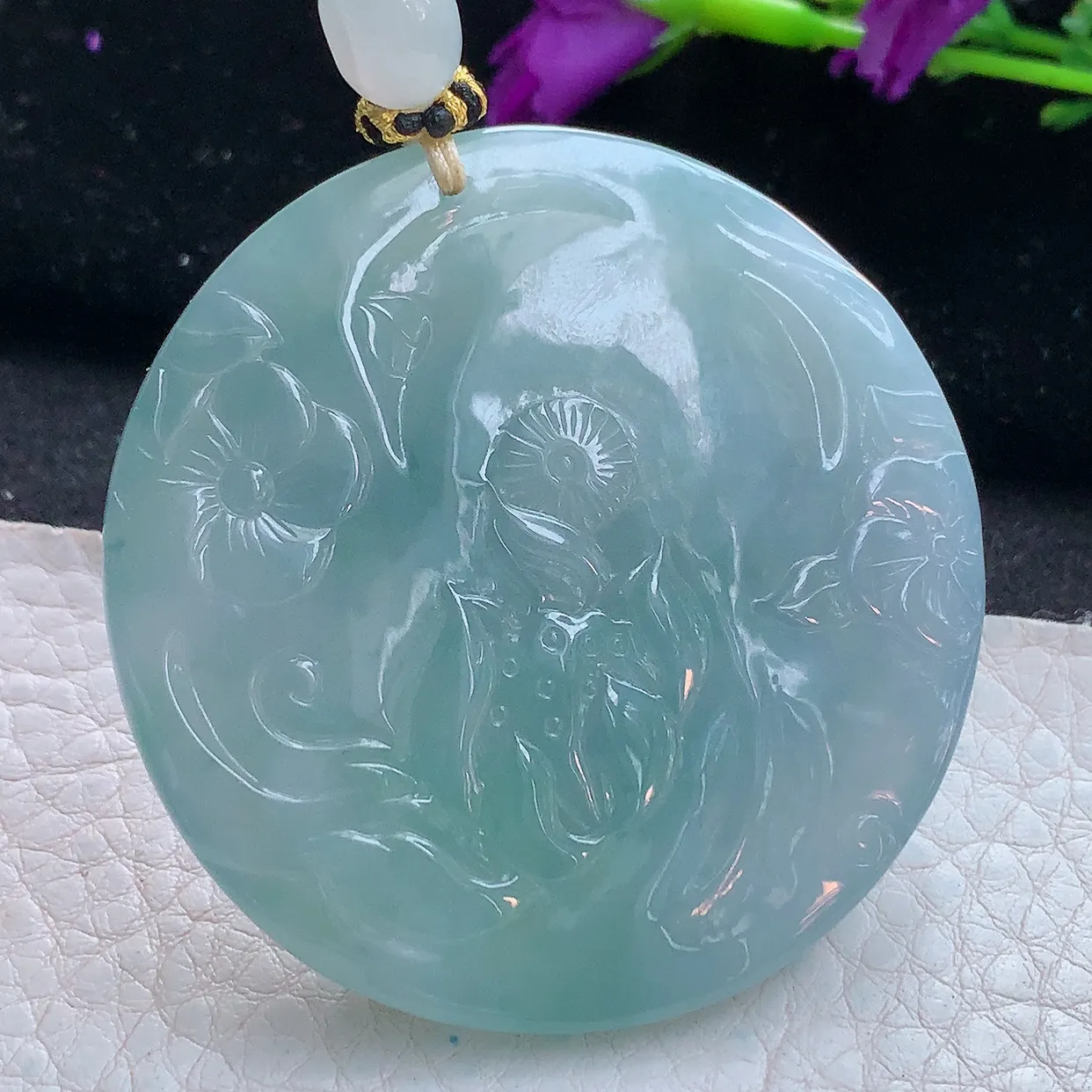 yl实拍52.6*9.3缅甸翡翠精雕蓝紫阿弥陀佛吊坠 如来佛祖生肖守护神，花开见佛