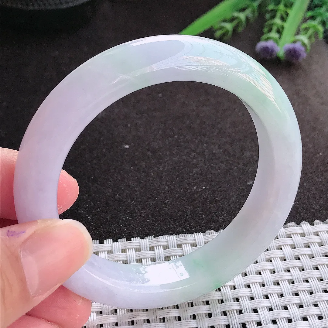 实拍翡翠A货54.5/12.5/9.2老坑秀气冰润紫罗兰手镯翡翠玉镯女款百搭