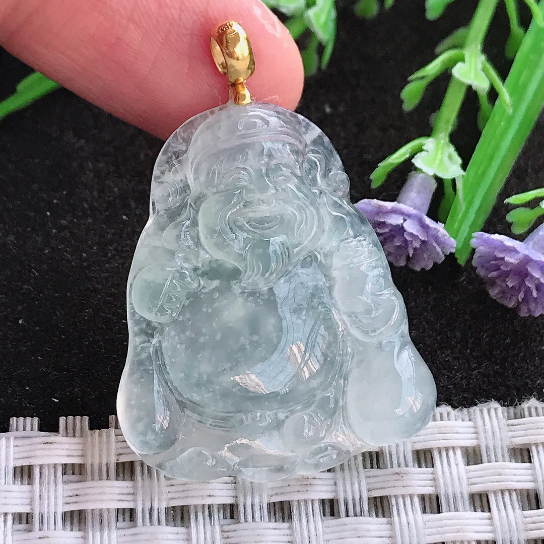 实拍A货翡翠31/26.8/4.5老坑18k金镶嵌雪花棉冰种财神爷吊坠翡翠挂件